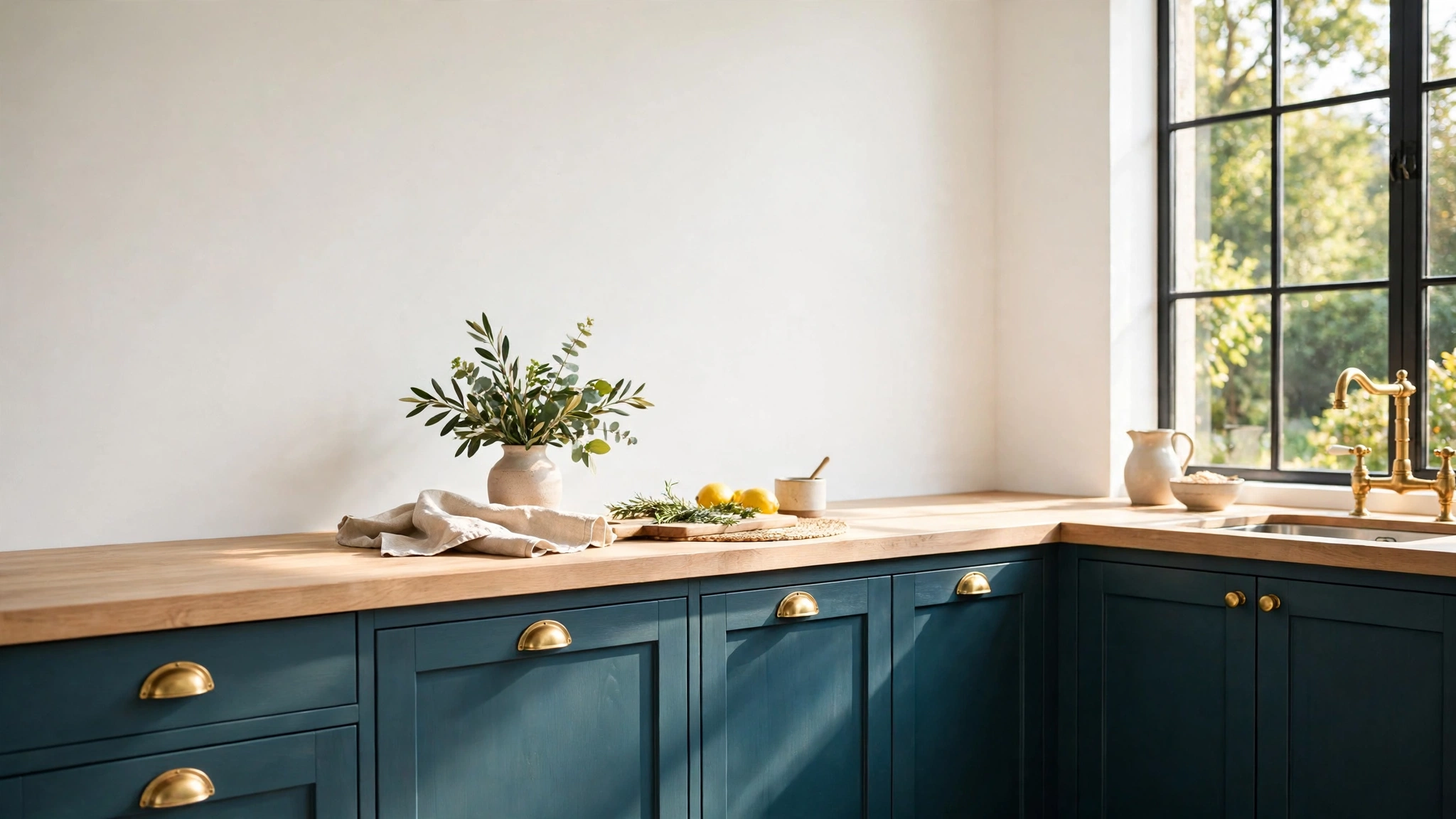 A bright kitchen with lower cabinets painted in deep blue-green teal, brass cup handles and a light wood worktop