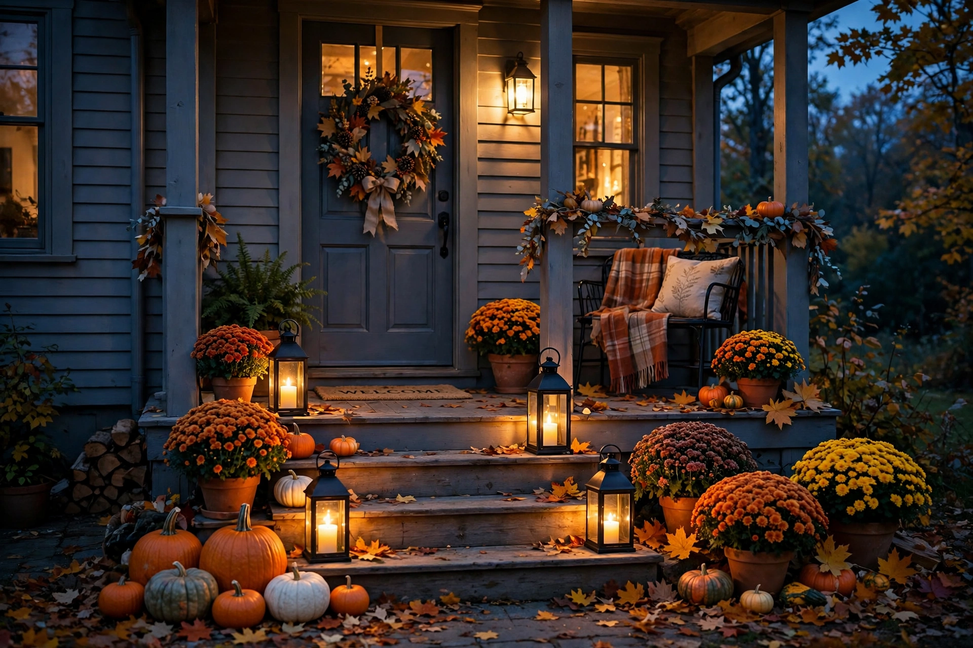 The same autumn porch at dusk, lanterns glowing warm on the steps among pumpkins and potted mums
