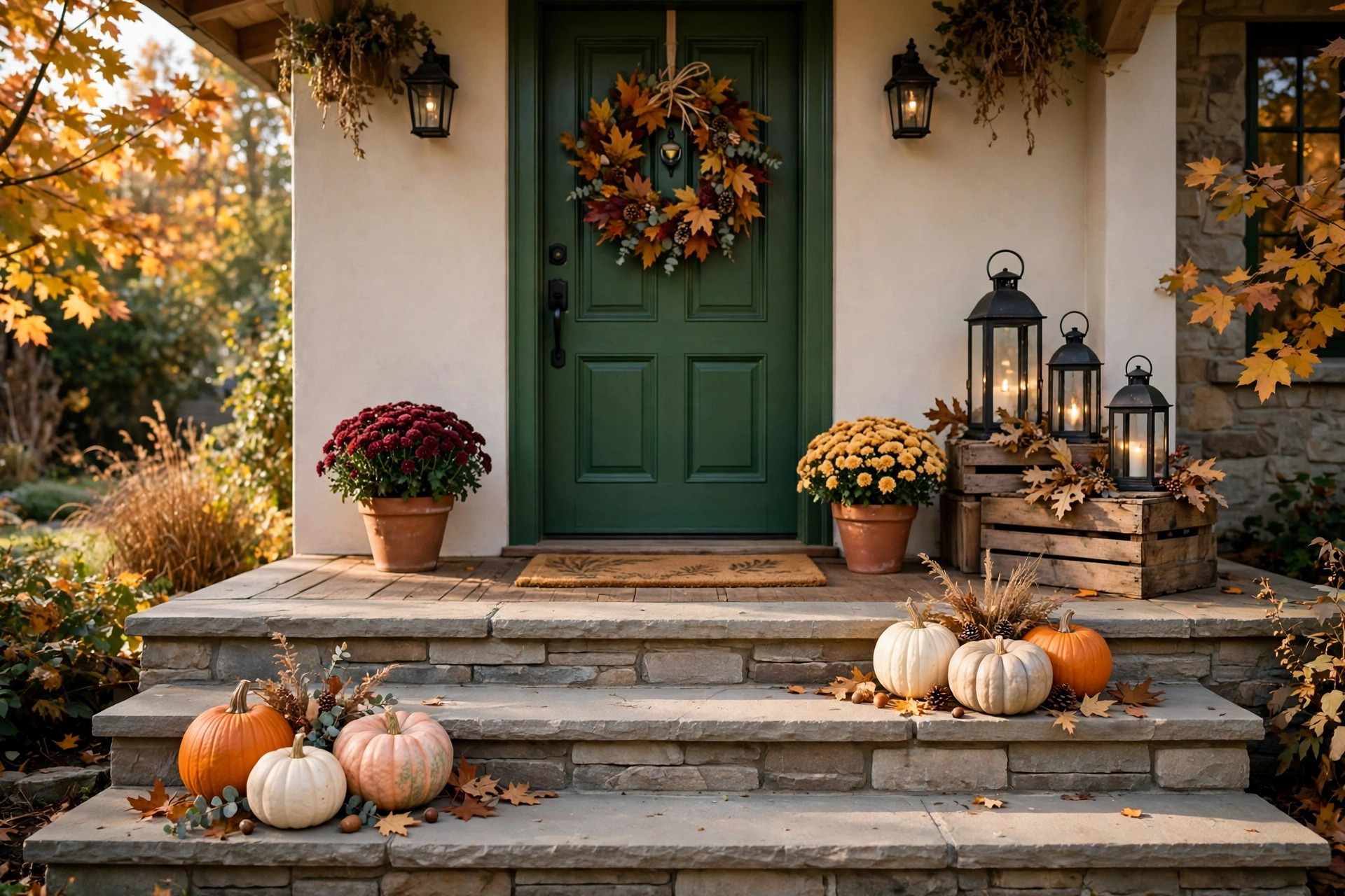 Front porch steps decorated for autumn with clusters of orange and cream pumpkins, potted chrysanthemums and black lanterns raised on a wooden crate