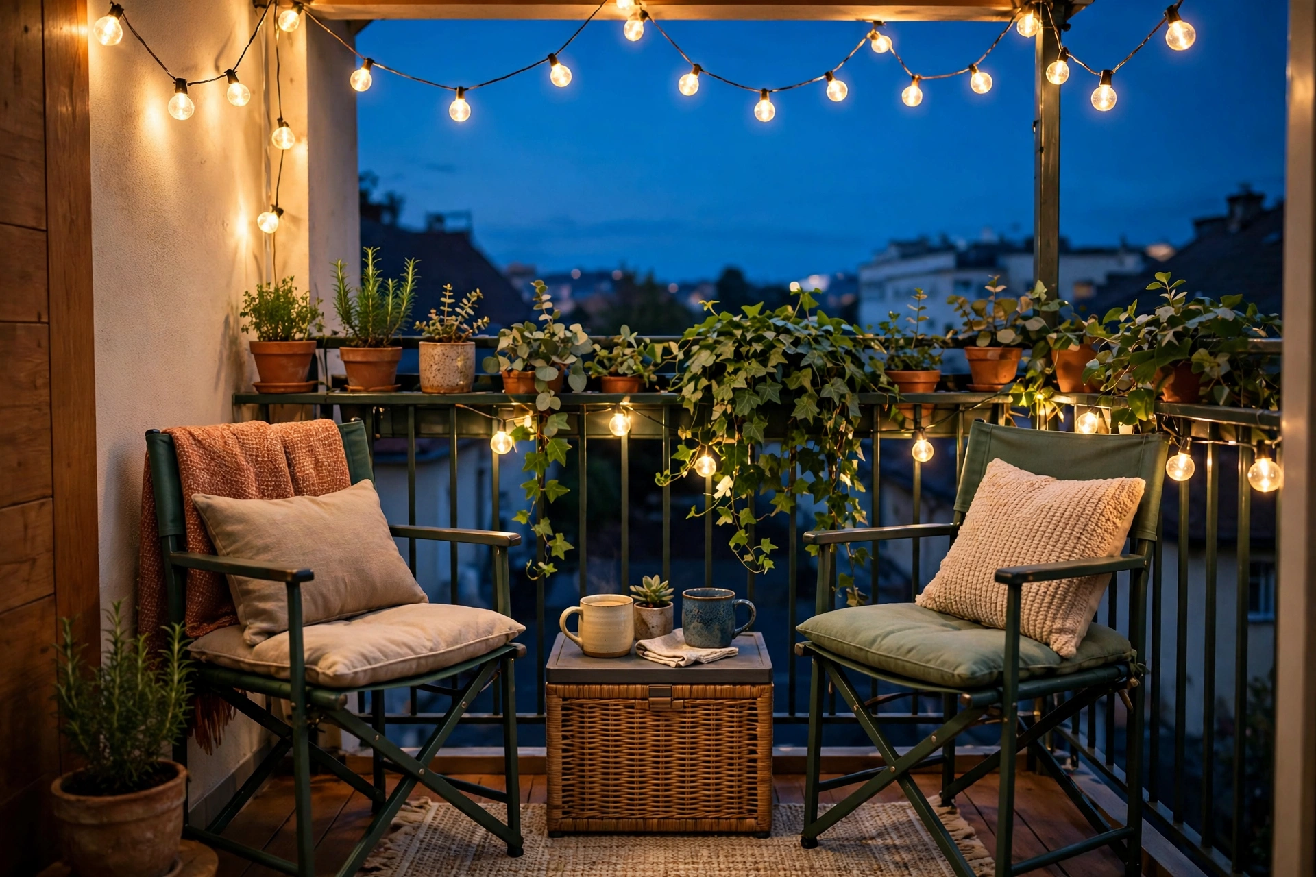 A balcony and garden path glowing with warm solar lights in the early evening