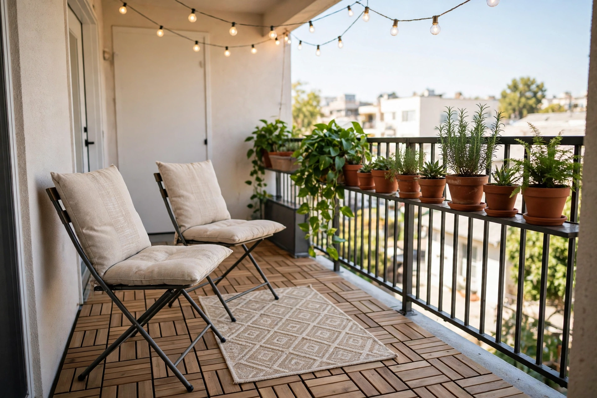 A small balcony after its makeover, with two folding chairs, an outdoor rug, deck tiles, pots of plants along the railing and solar string lights overhead