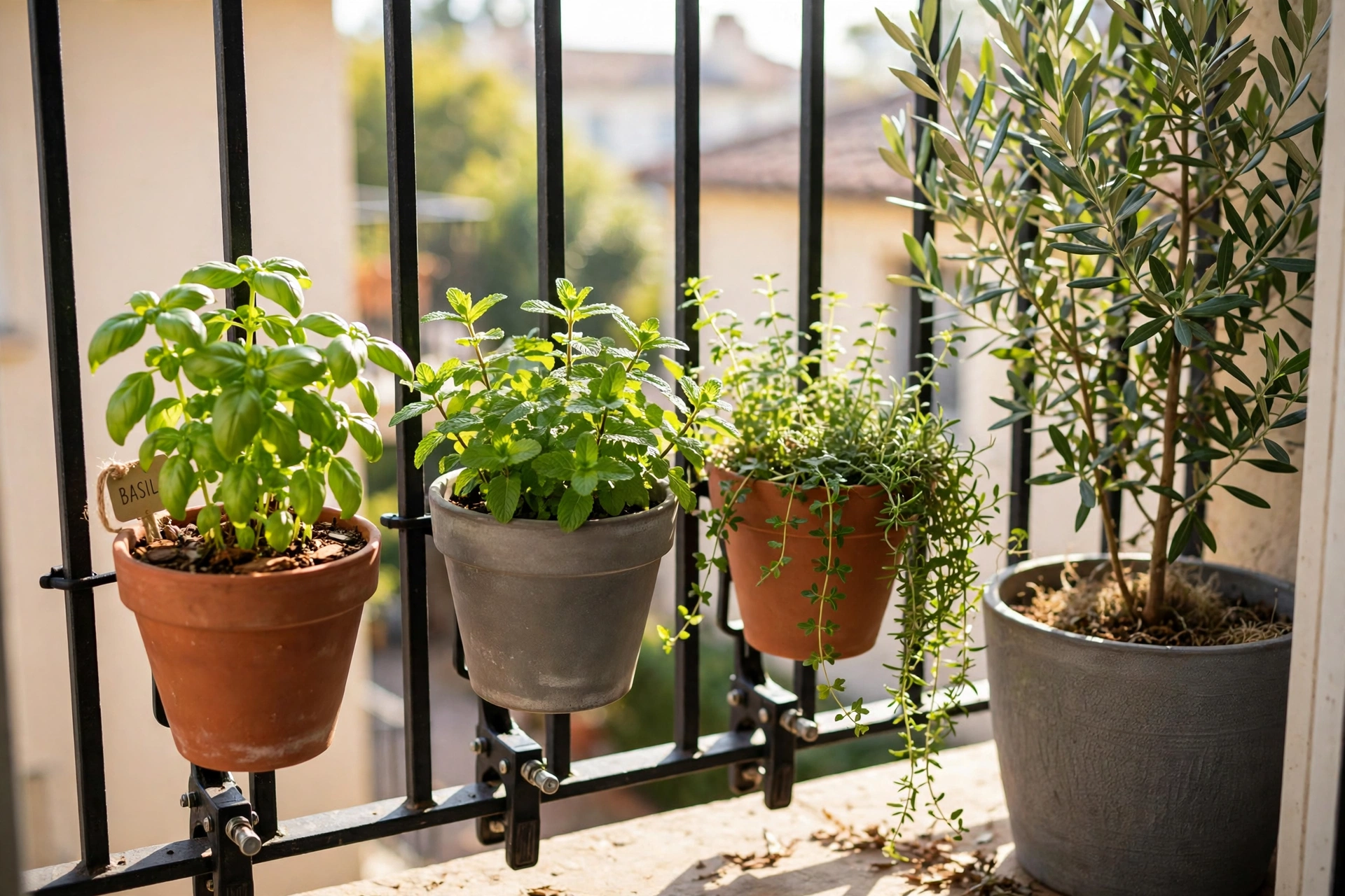 Planters clamped securely on the inside of a balcony railing, filled with basil, mint and trailing herbs, with a tall leafy plant in a large pot beside them
