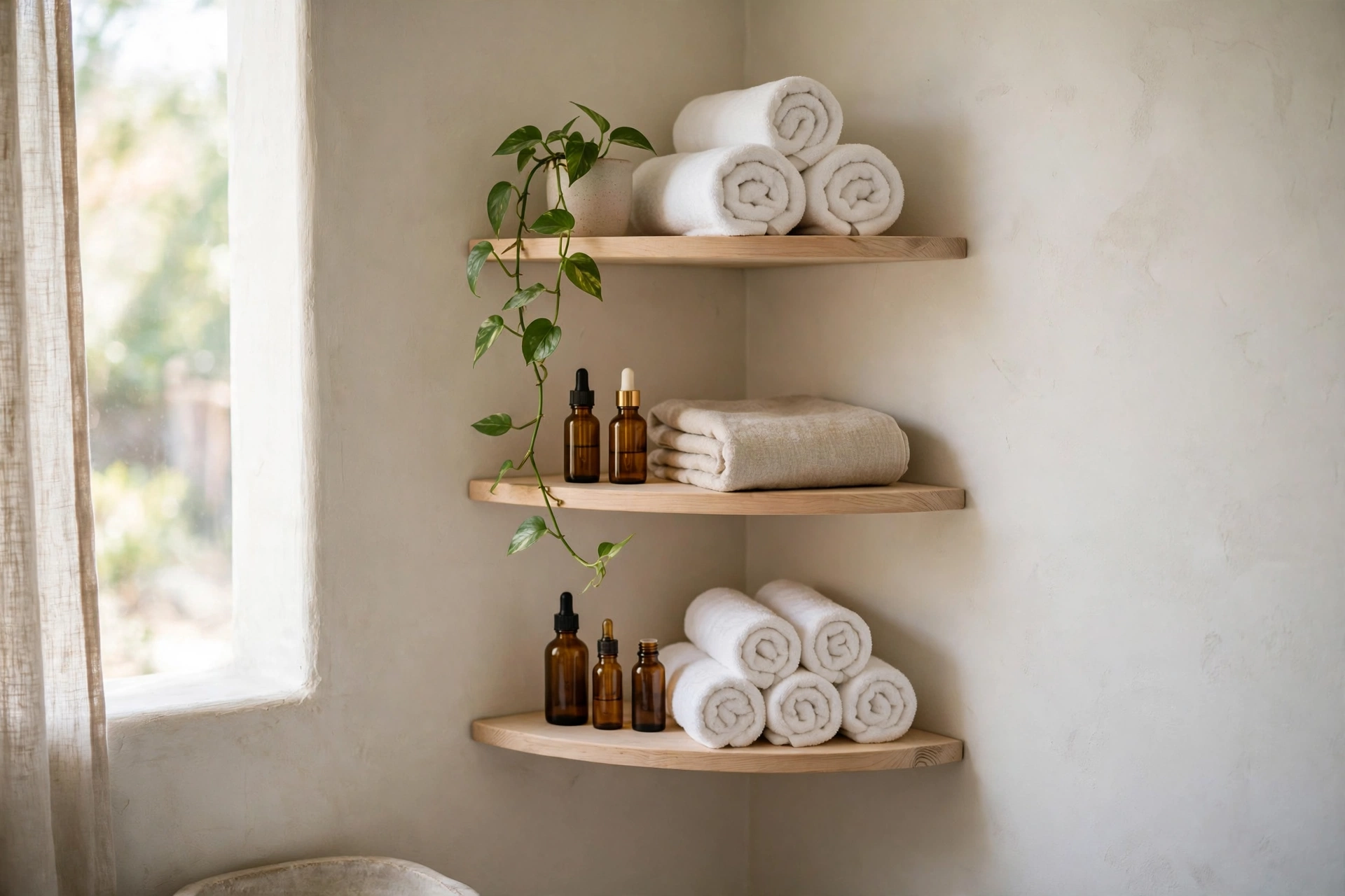 Corner shelves fitted in a small bathroom, holding folded towels and jars