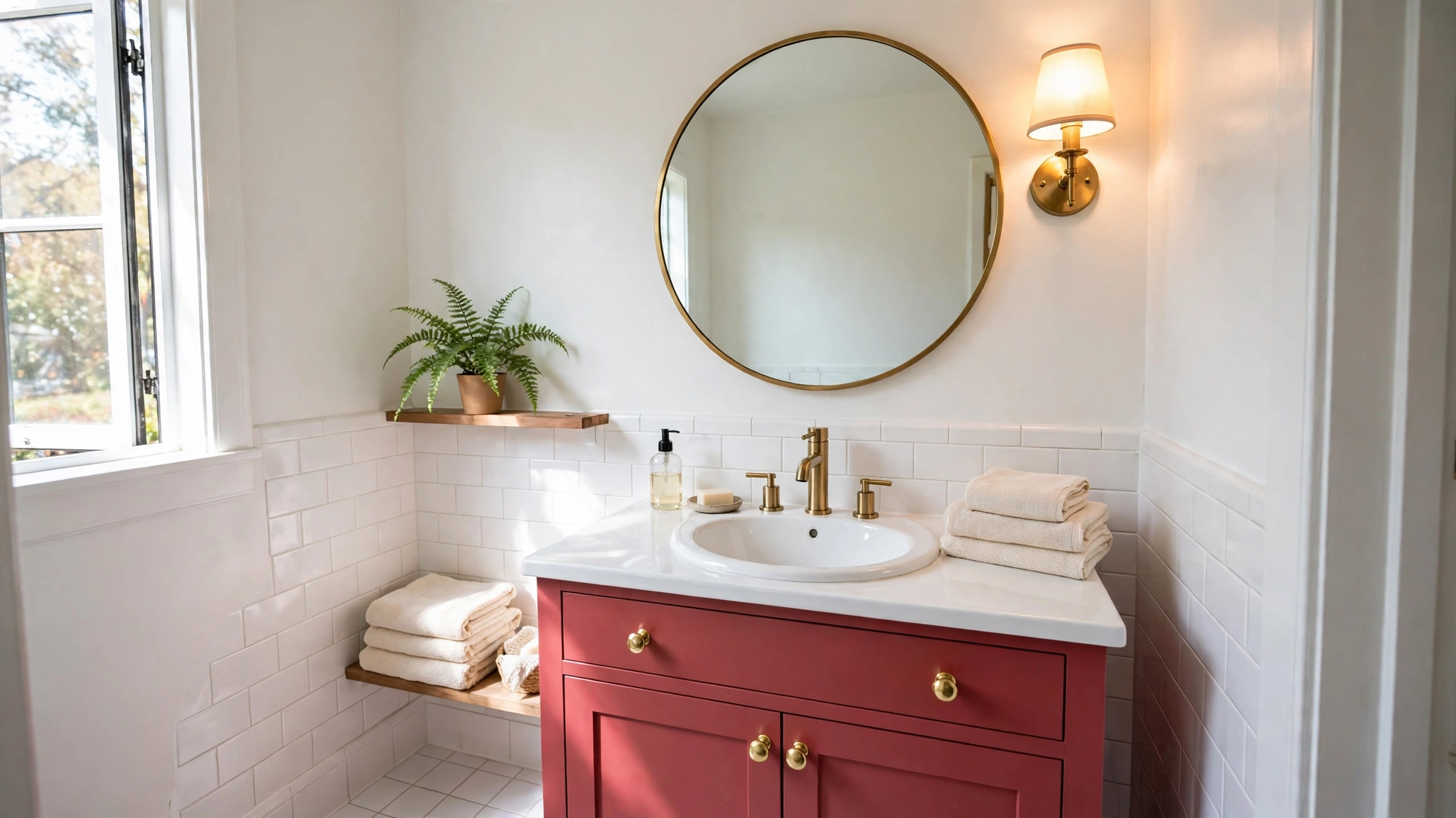 A small bright bathroom after its makeover, with a large round mirror, a deep pink painted vanity with brass knobs, folded cream towels and a small fern on a shelf