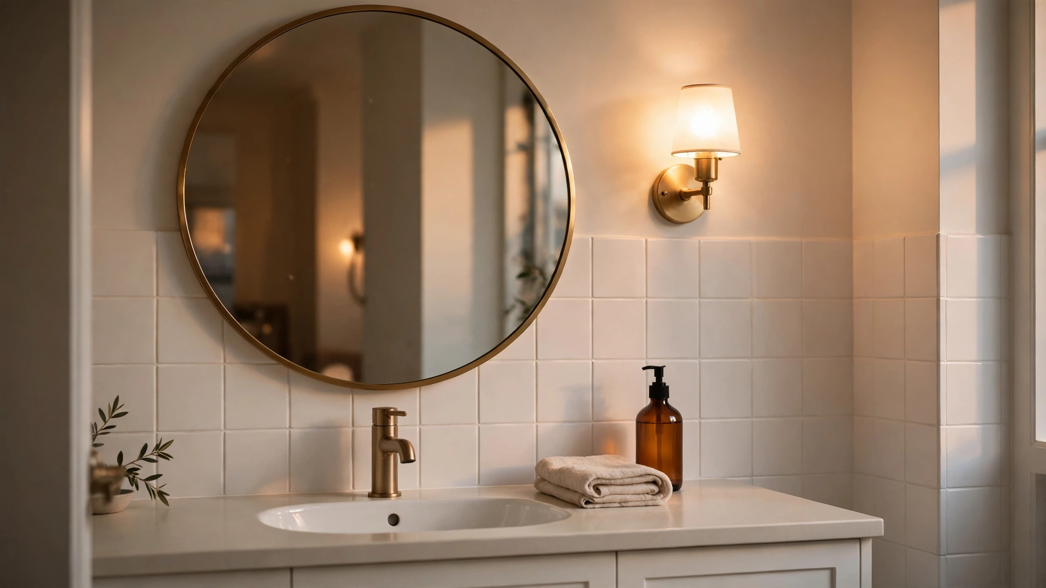 A large round mirror with a thin brass frame above a white basin, a warm wall light glowing beside it at face height