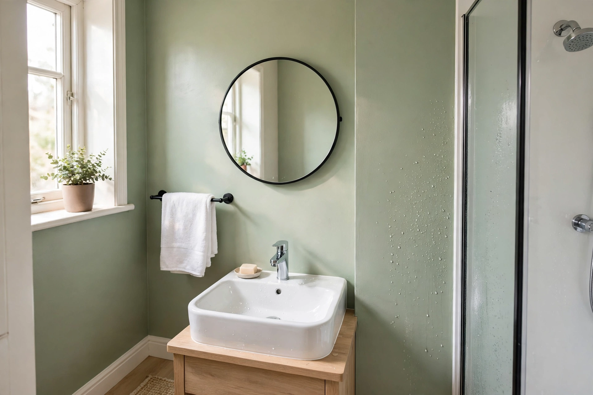 A small bathroom with walls in soft sage green washable mid-sheen paint, a white basin, mirror and a folded white towel