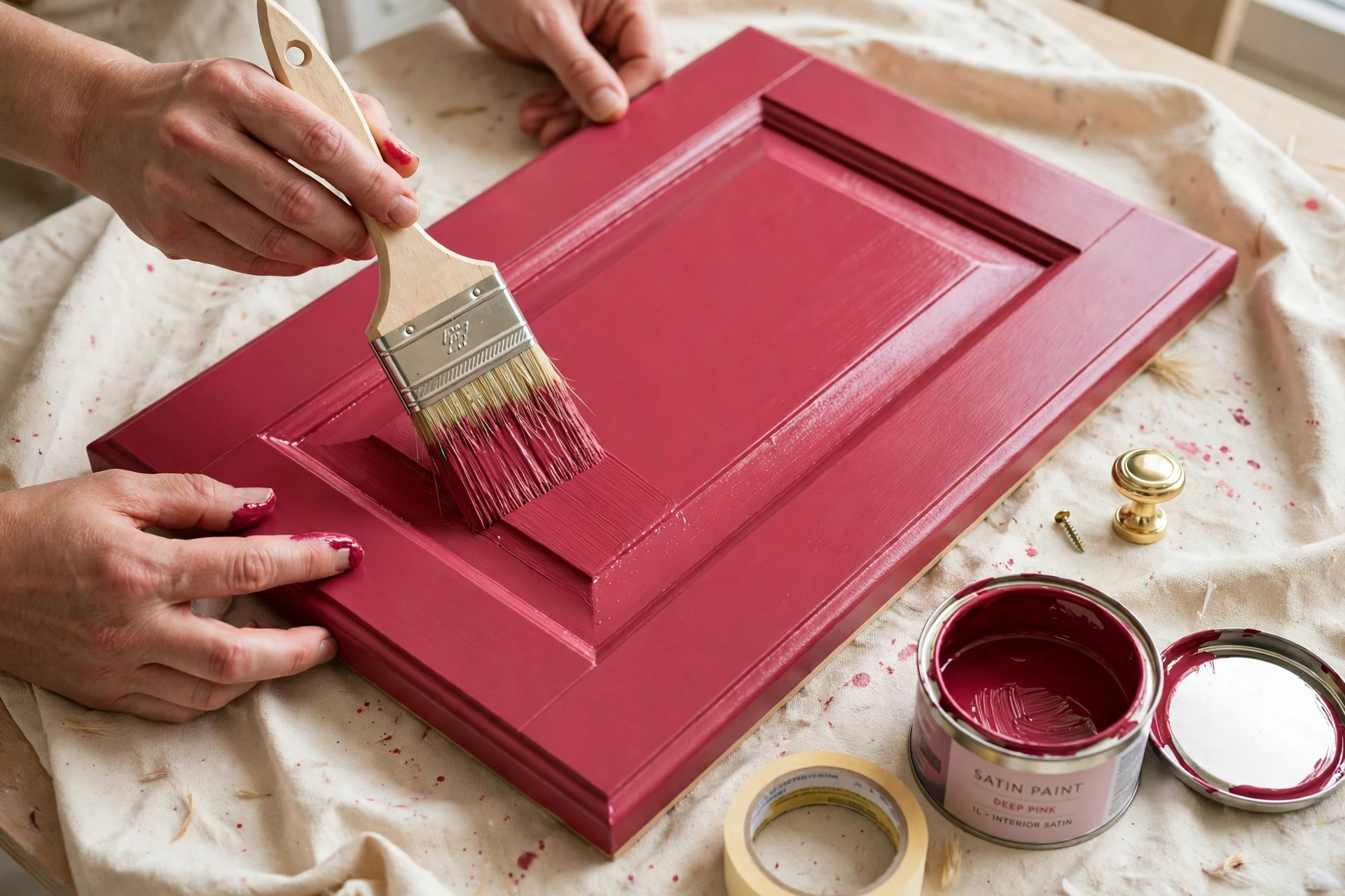 Hands painting a bathroom vanity door in deep pink satin paint, the door laid flat on a dust sheet with the old knob beside it