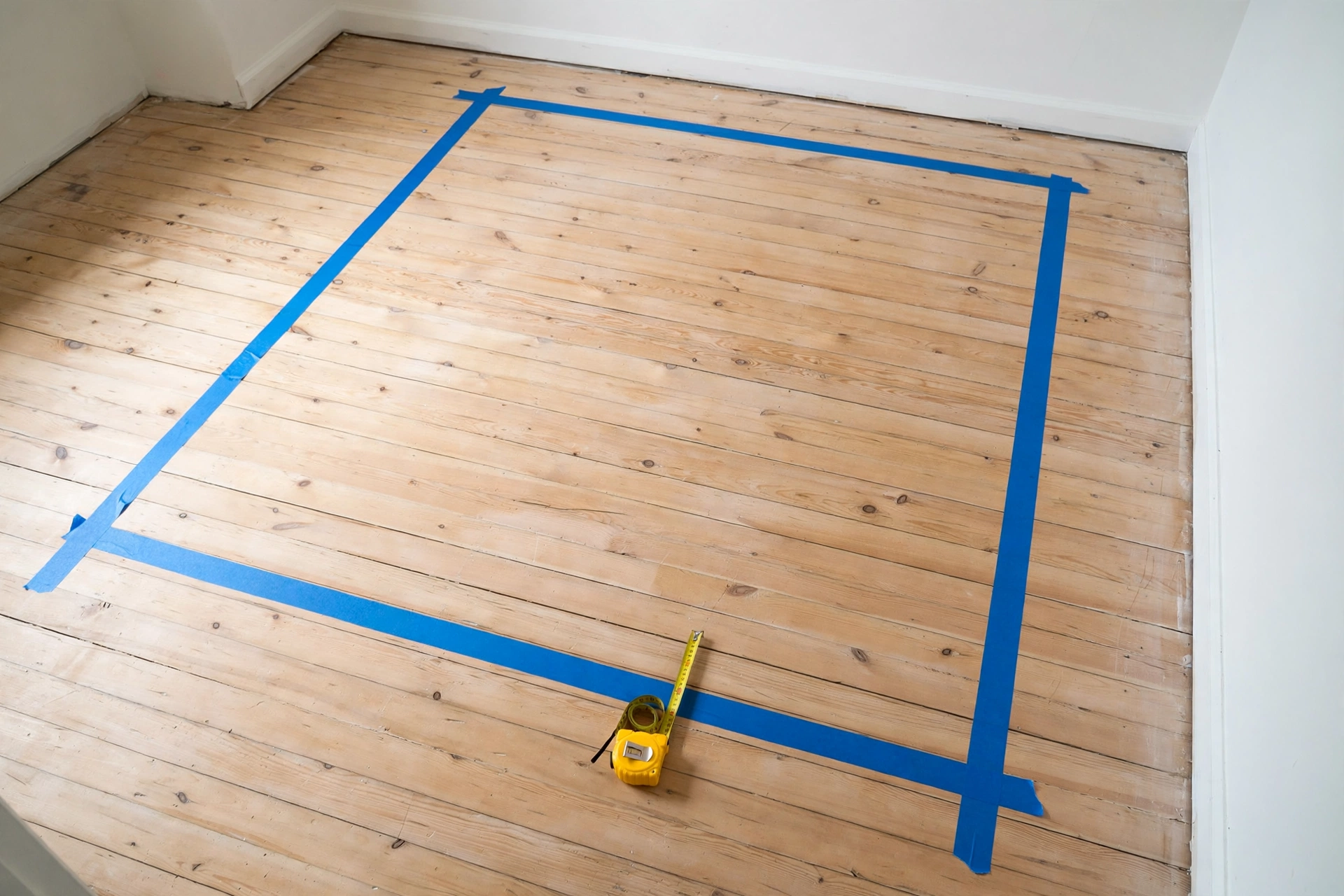 A rectangle of blue masking tape on a bedroom floor marking out the footprint of a king size bed, with a tape measure beside it