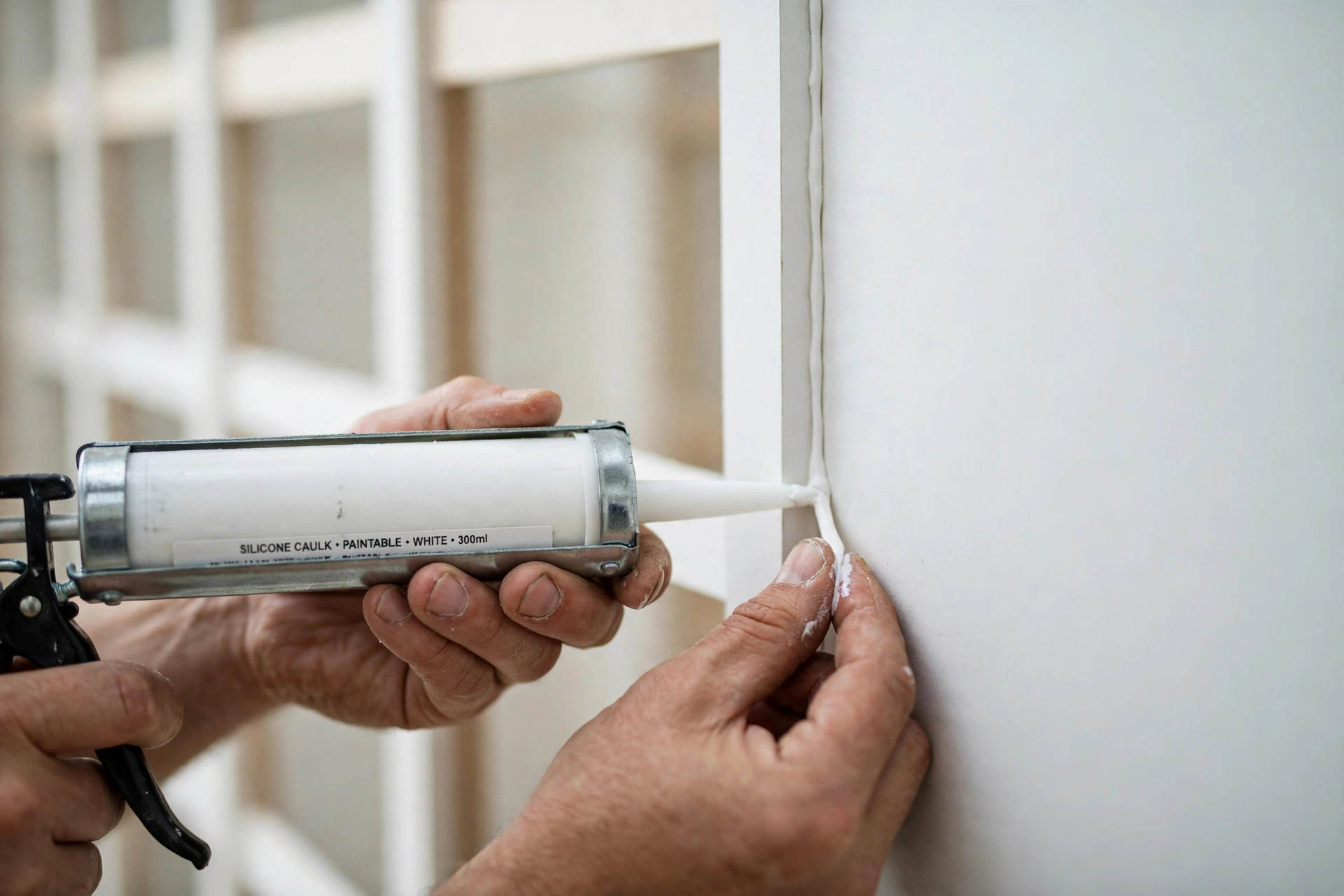 Hands running a caulk gun along the seam where a white batten meets the wall, smoothing a bead of white caulk with a finger