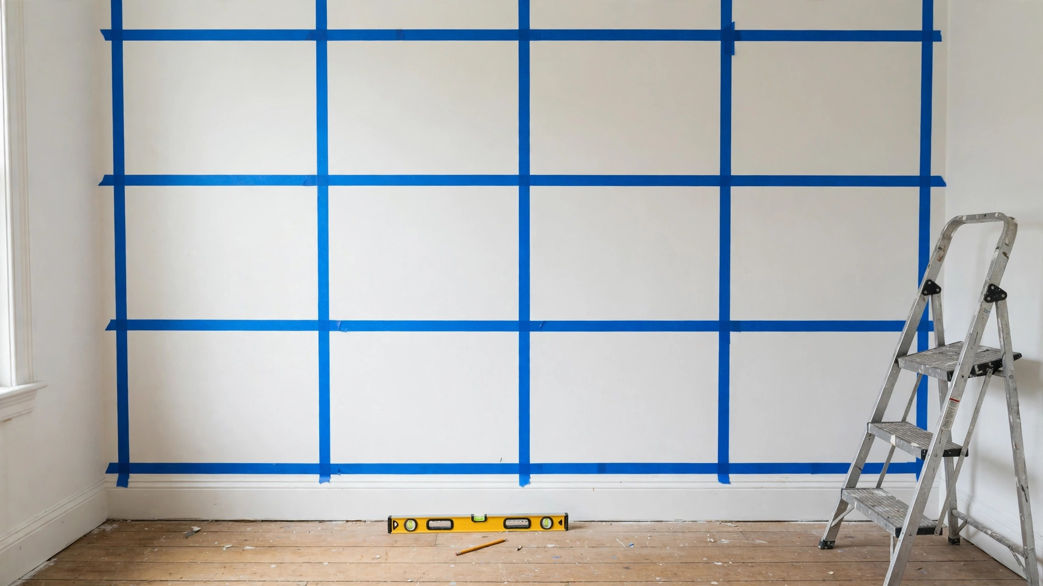 A white wall marked out with blue painter's tape in a grid of large rectangles, with a spirit level and a step ladder nearby