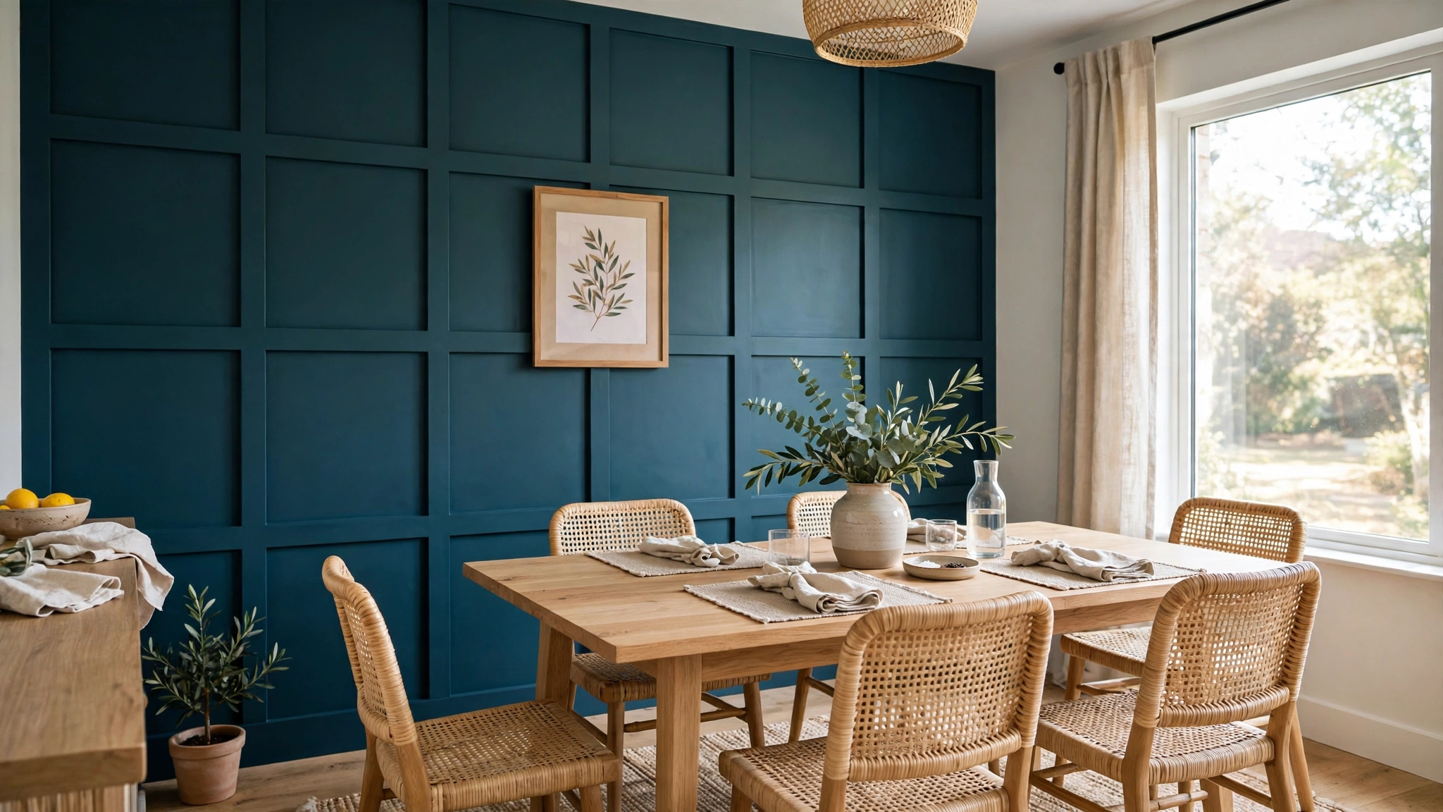 A finished board and batten wall painted in a deep colour with crisp battens