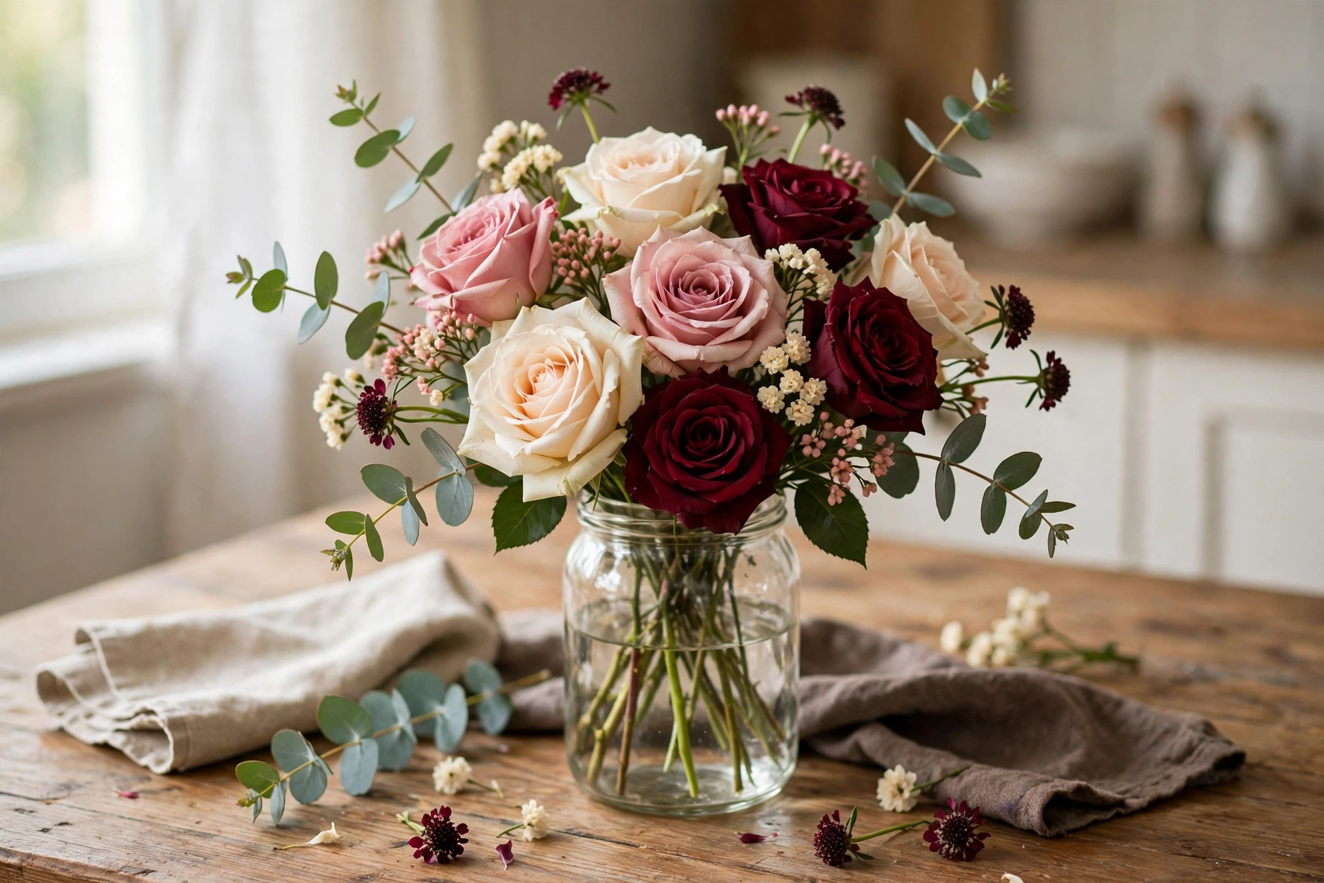 A glass jar of cream and burgundy supermarket roses with eucalyptus on a wooden table