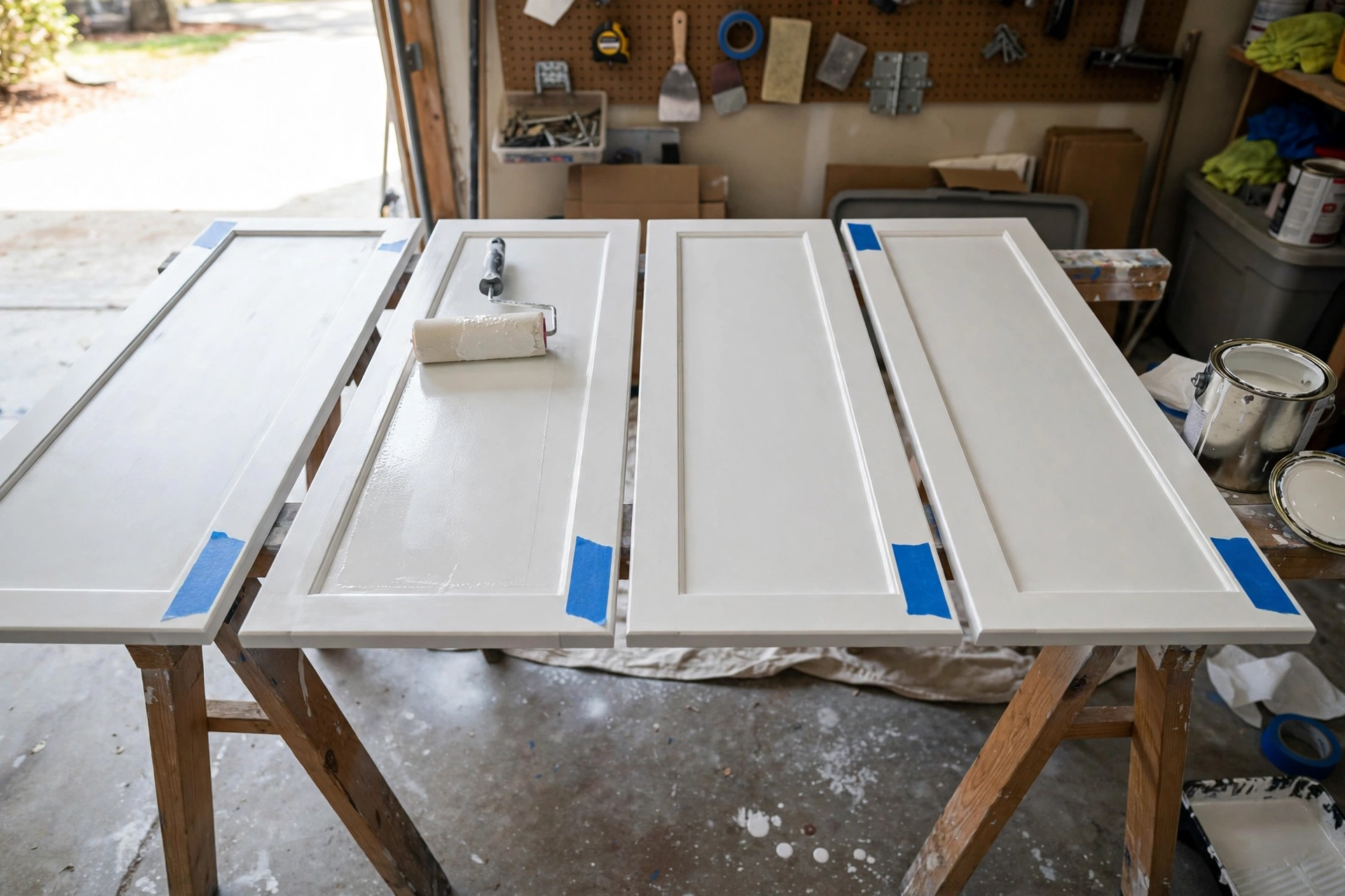 Kitchen cabinet doors laid out and primed, ready for paint