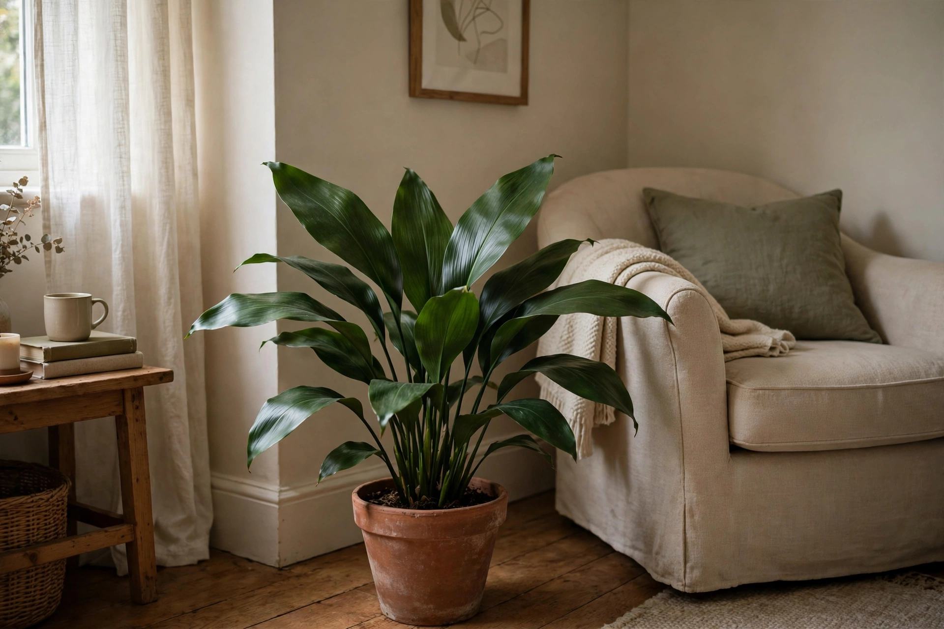 A sturdy cast iron plant with broad dark green leaves in a pot by a door