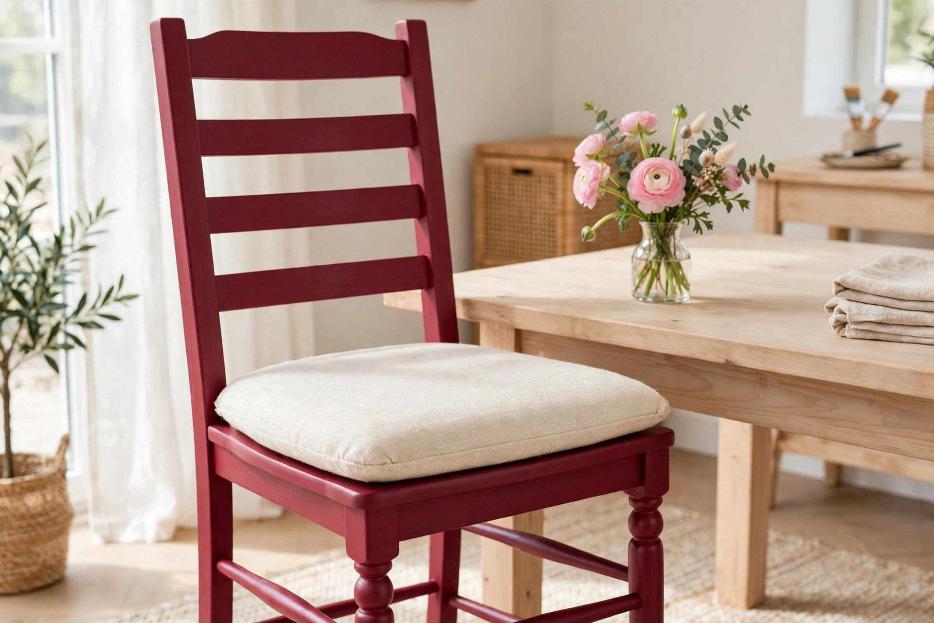 The same style of wooden chair freshly painted in a deep cranberry pink-red with a new cream fabric seat pad, standing at a light wood dining table with a small vase of flowers
