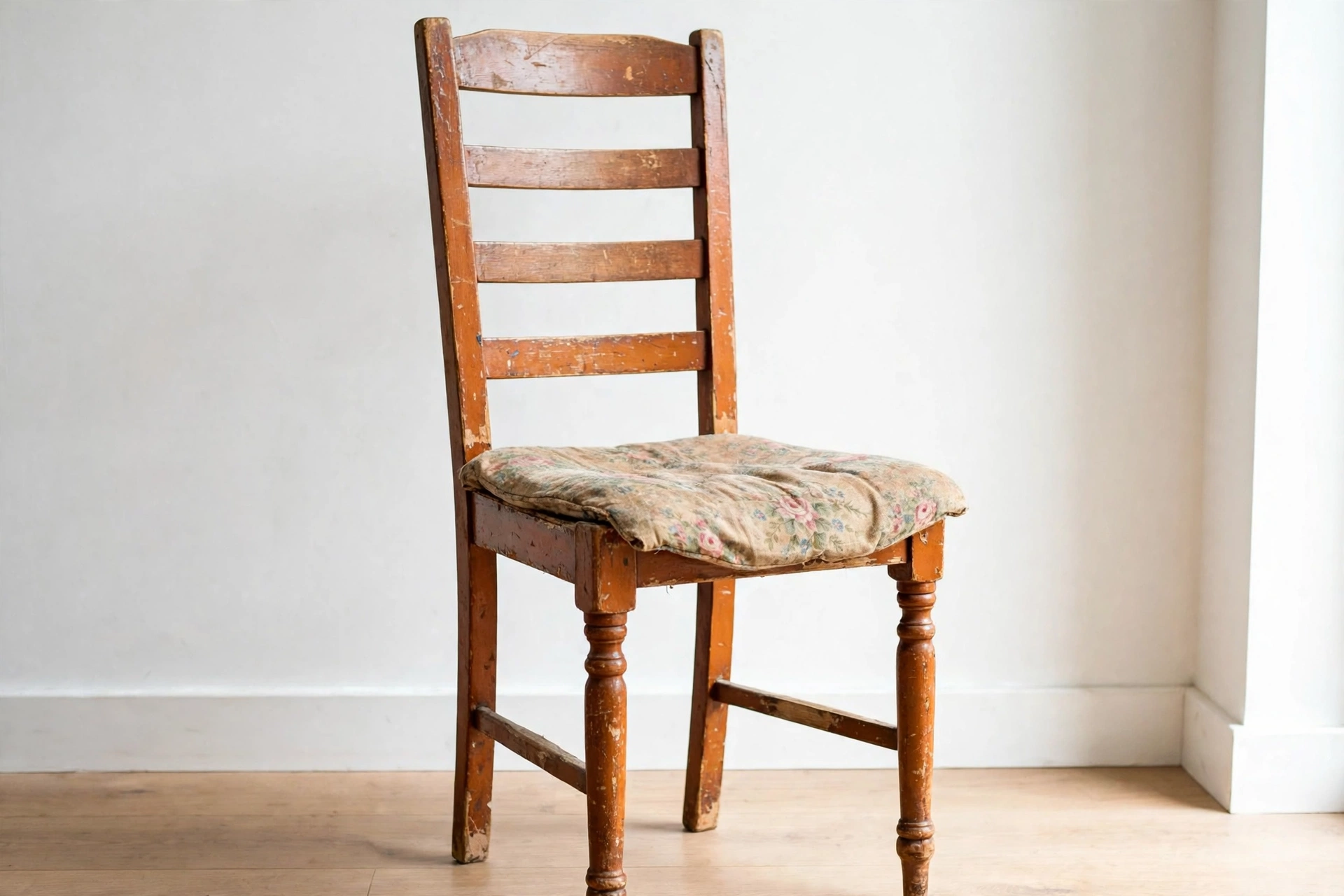 A dated wooden dining chair with worn glossy orange-brown varnish and a faded, droopy floral seat pad, standing in a plain bright room