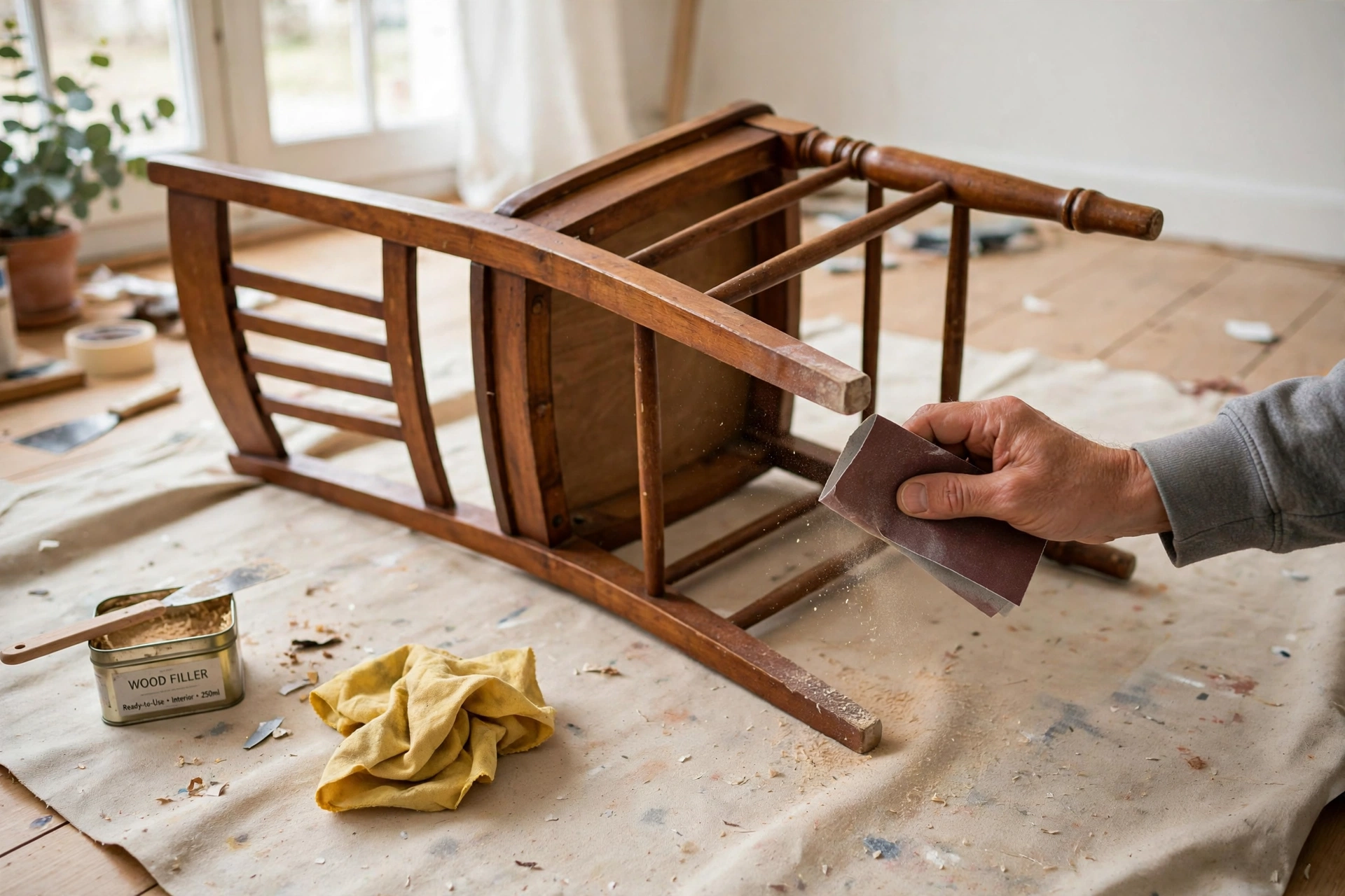 A wooden chair on its side on a canvas dust sheet while a hand scuff-sands a varnished leg with folded sandpaper, with a tack cloth and filler tin nearby