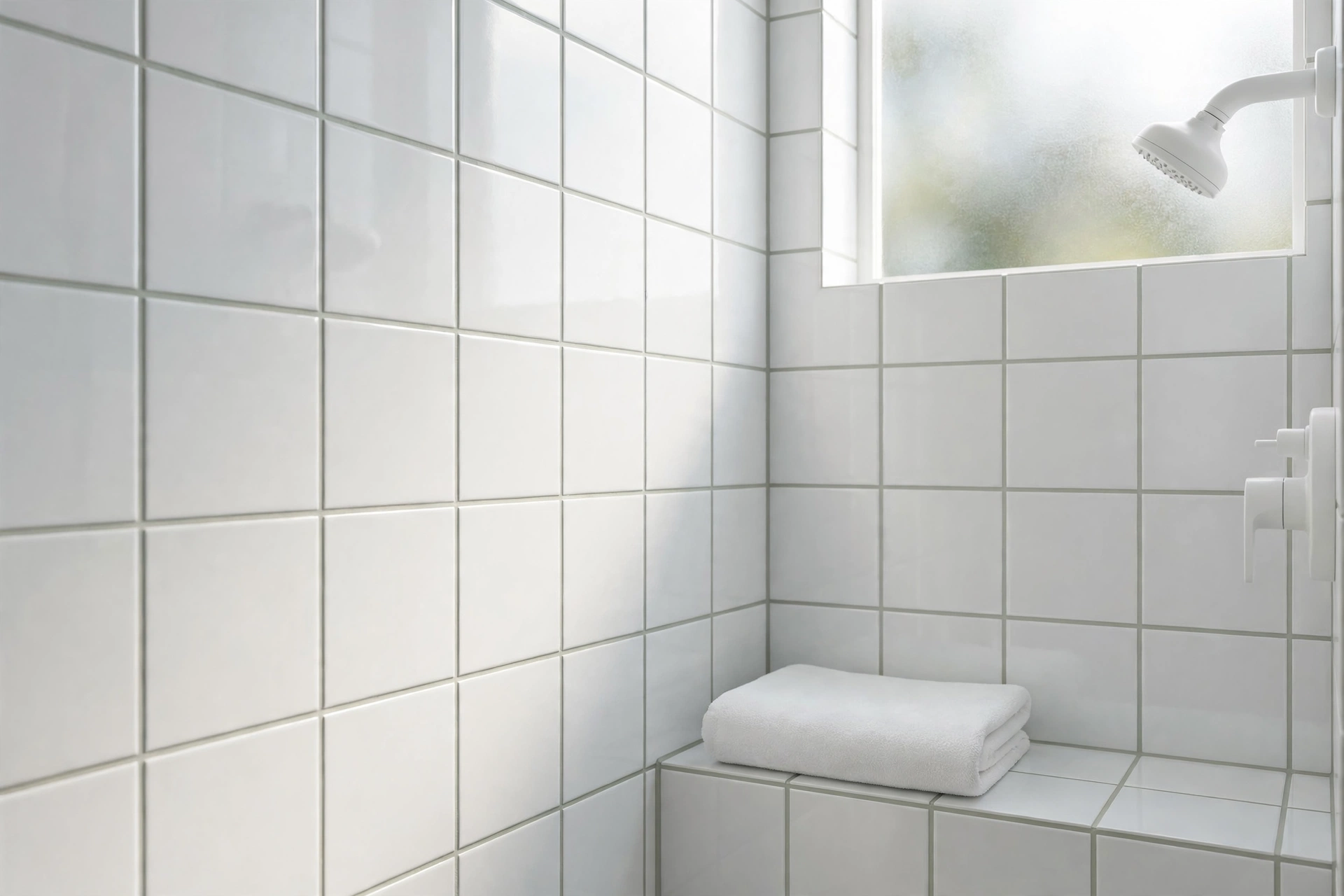 A bright bathroom corner with white wall tiles and clean, pale grout lines around a shower fitting