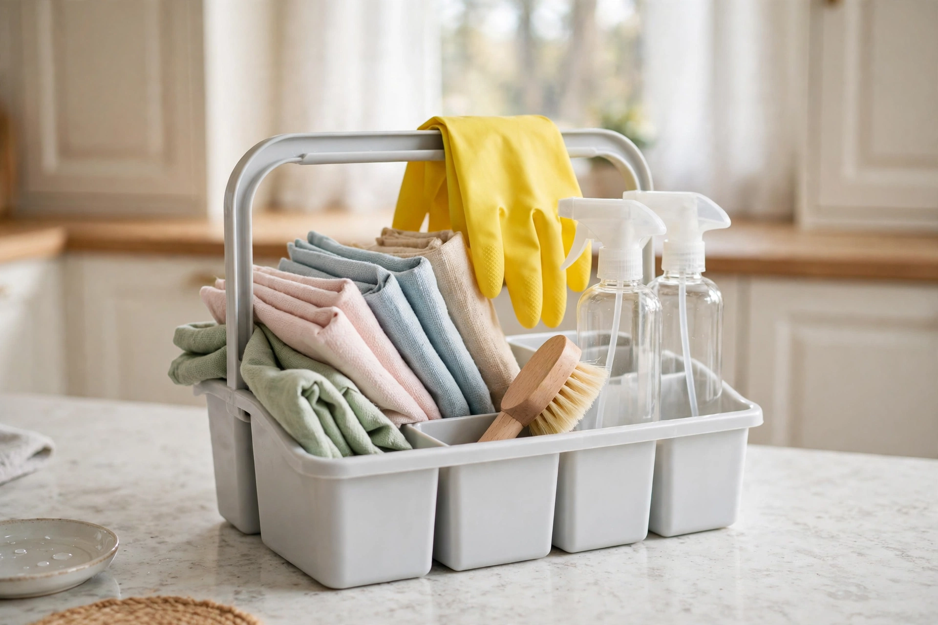 A simple cleaning caddy with folded microfibre cloths, two spray bottles, a scrub brush and rubber gloves, sitting on a kitchen counter