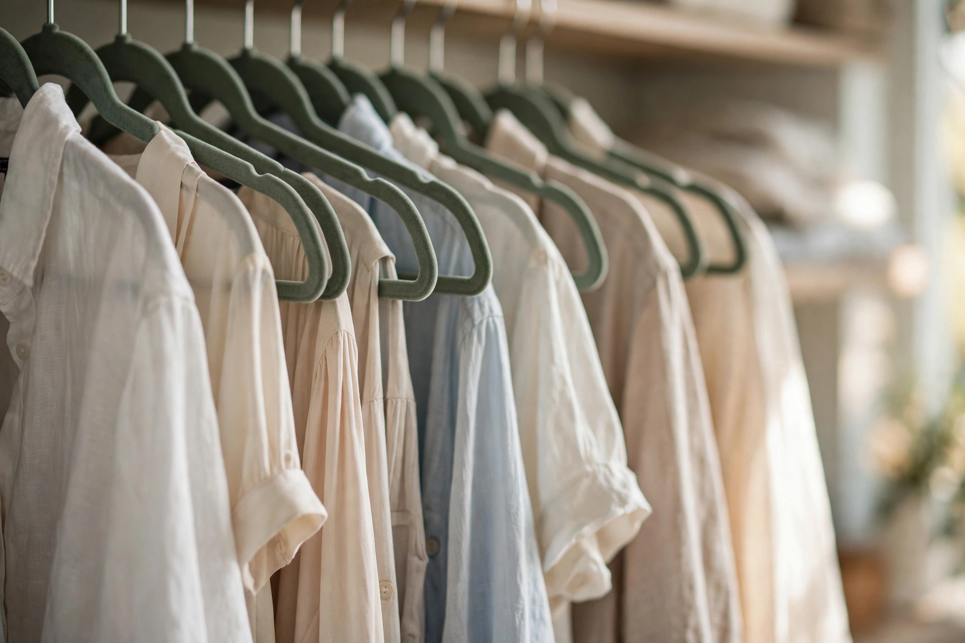 A small closet filled neatly with clothes on slim hangers