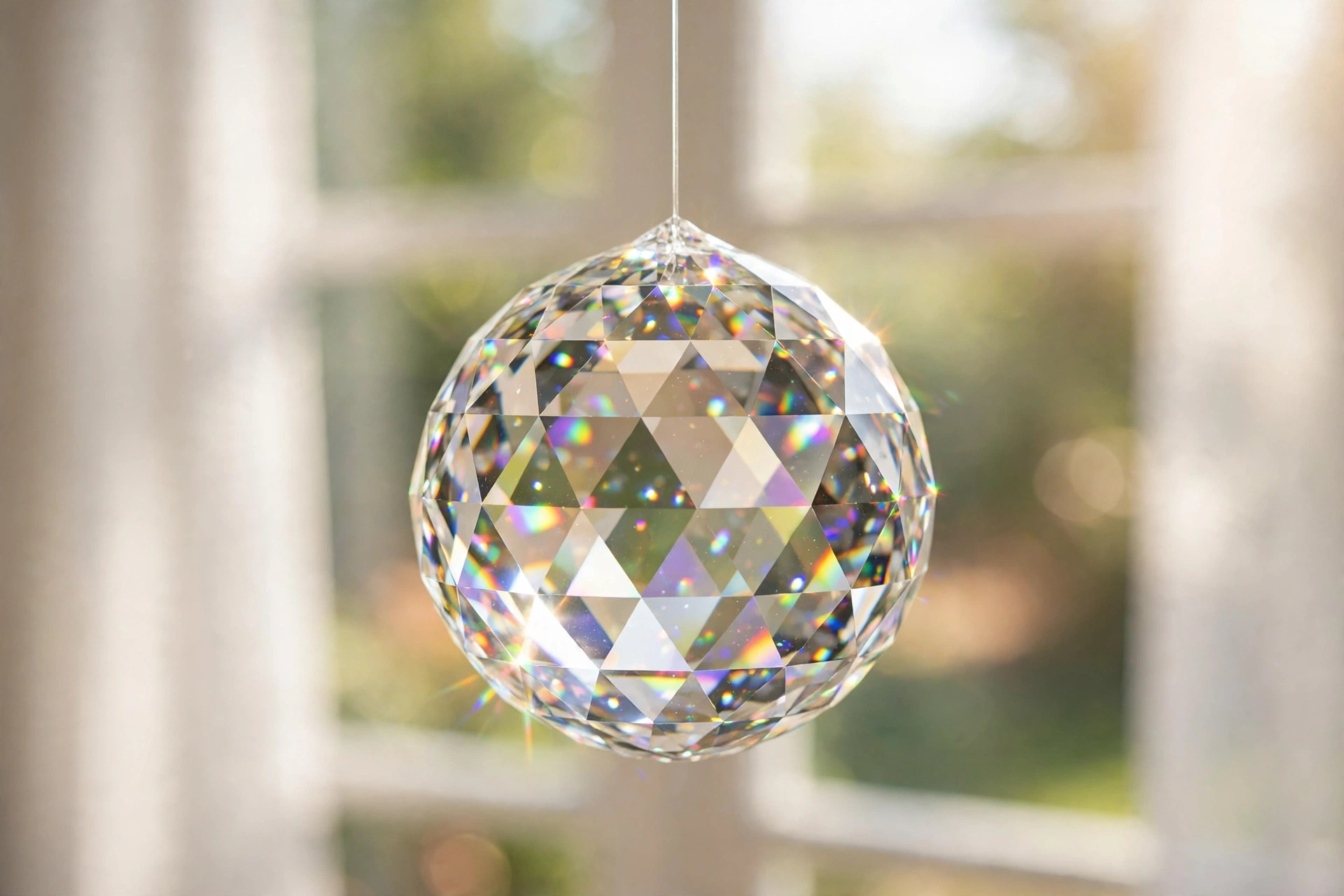 A faceted glass crystal ball hanging on a fine clear line in front of a sunny window, its cut faces sparking small rainbow colours