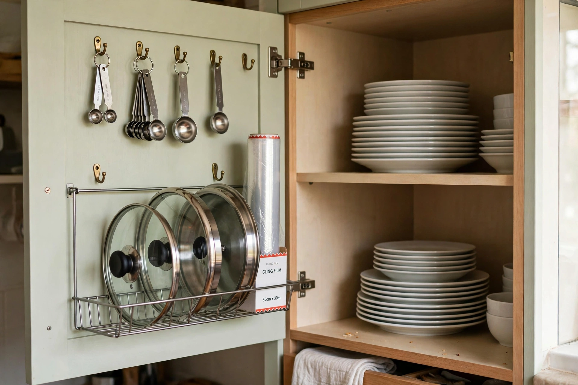 The inside of a kitchen cupboard door fitted with hooks and a slim rack holding pan lids, cling film and measuring spoons