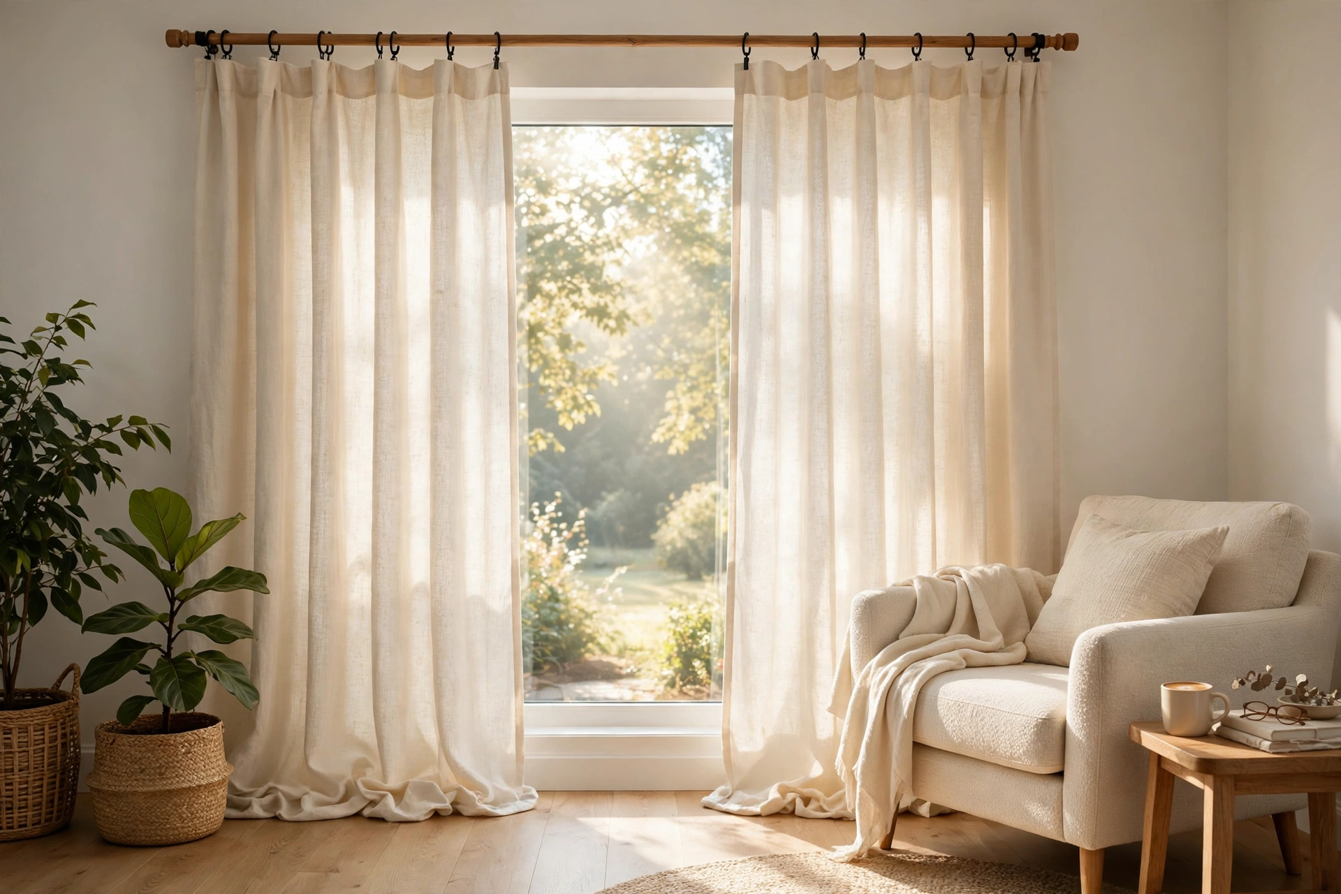 Finished cream curtain panels hanging on clip rings from a wooden rod at a bright living room window, folds falling to the floor