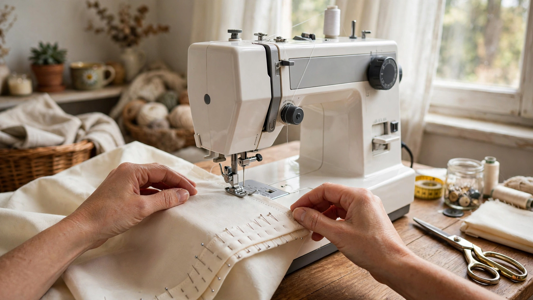 A sewing machine stitching a straight hem along the pressed fold of cream curtain fabric, hands guiding the fabric under the needle