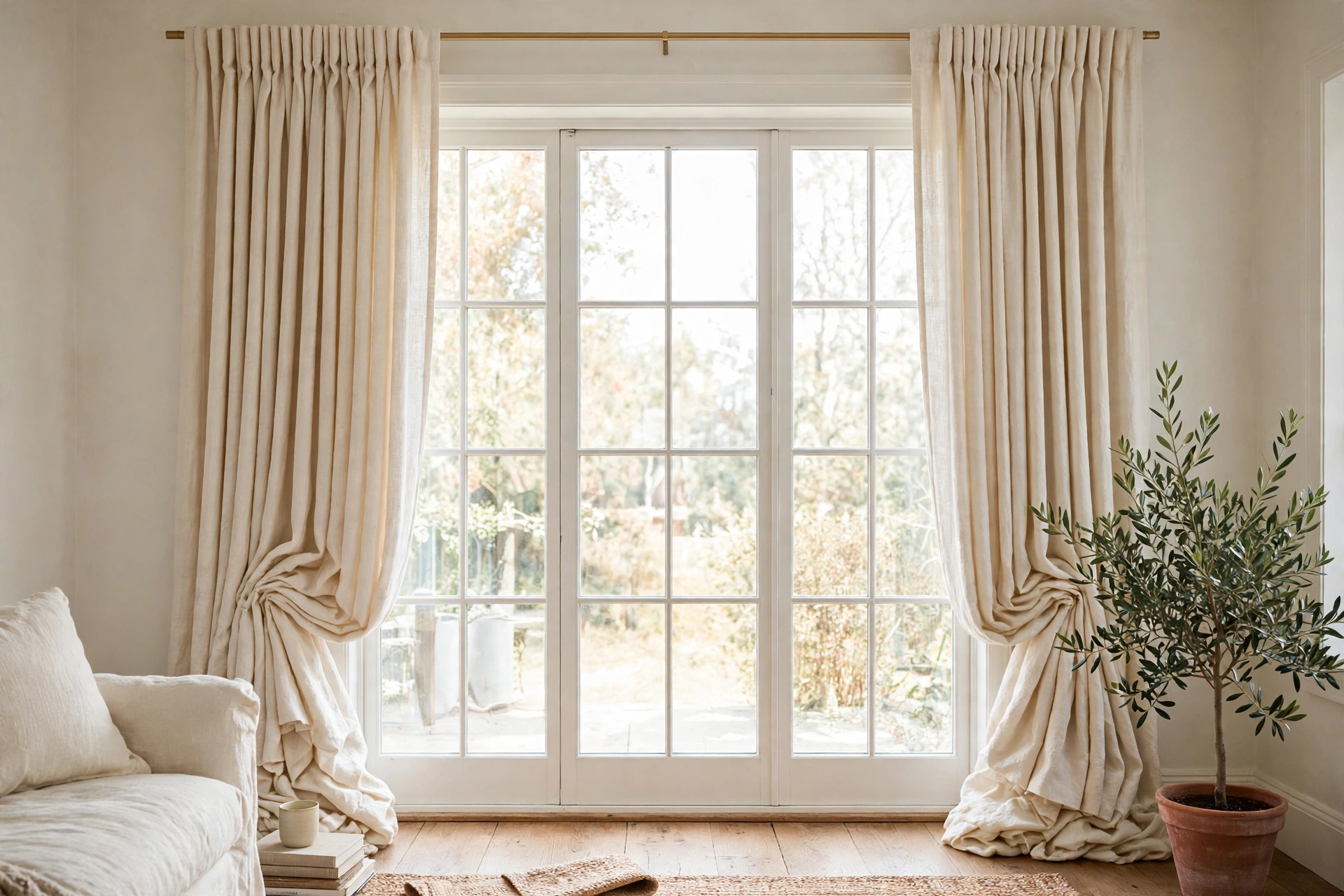 Curtains hung high and wide over a window with daylight coming through