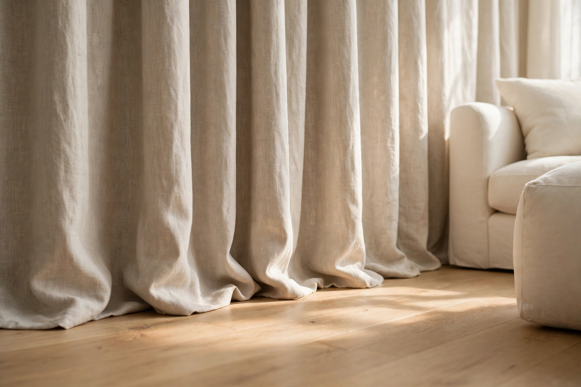 The bottom of floor-length oatmeal linen curtains just kissing a light oak floor in soft folds beside the arm of a cream sofa