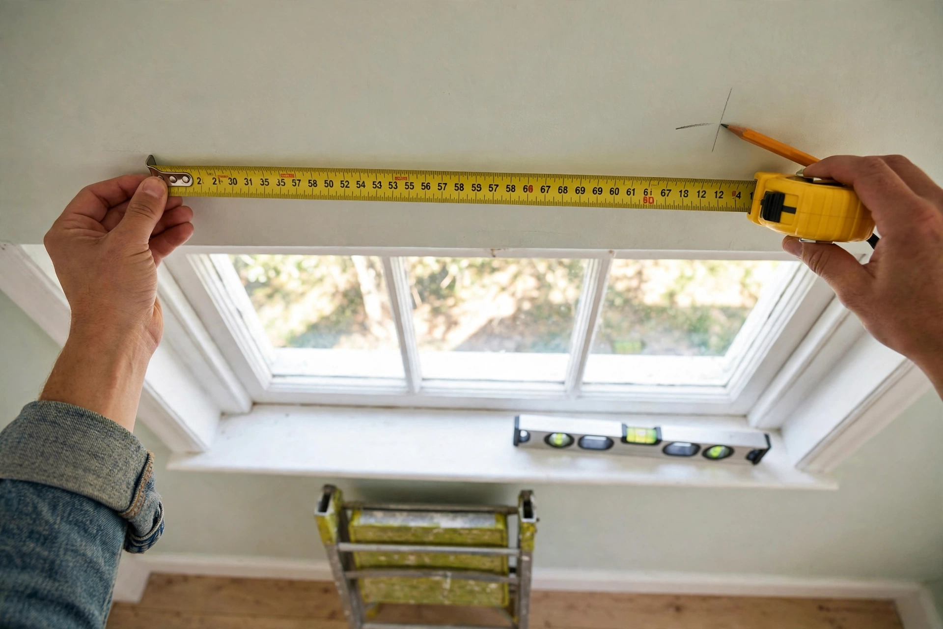 Hands holding a tape measure high on the wall above a window frame, marking the curtain rod bracket position in pencil with a spirit level nearby