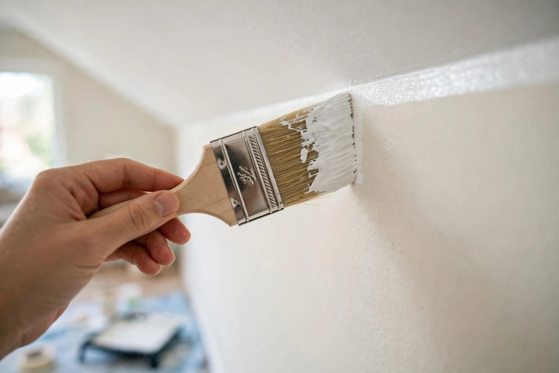 Close-up of a hand using an angled brush to cut in a straight line of white paint where the wall meets the ceiling