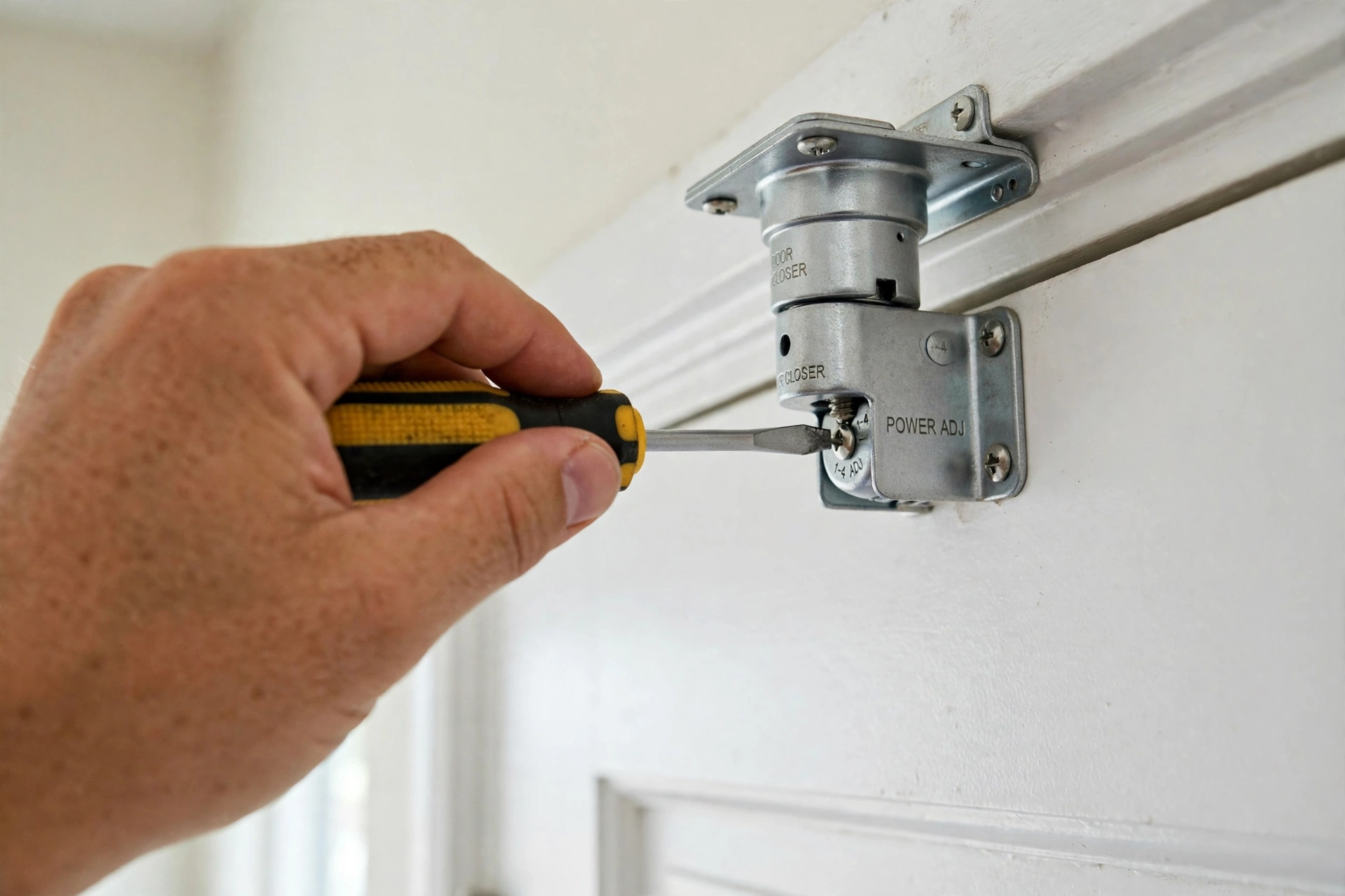 A hand turning the adjustment screw on an overhead door closer with a screwdriver
