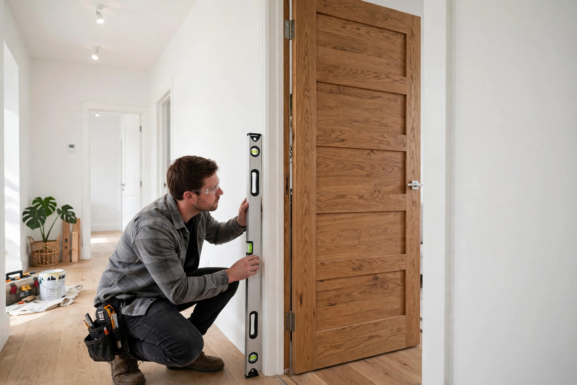 A newly hung wooden door standing slightly ajar in a white frame while the even gap around it is checked with a long spirit level