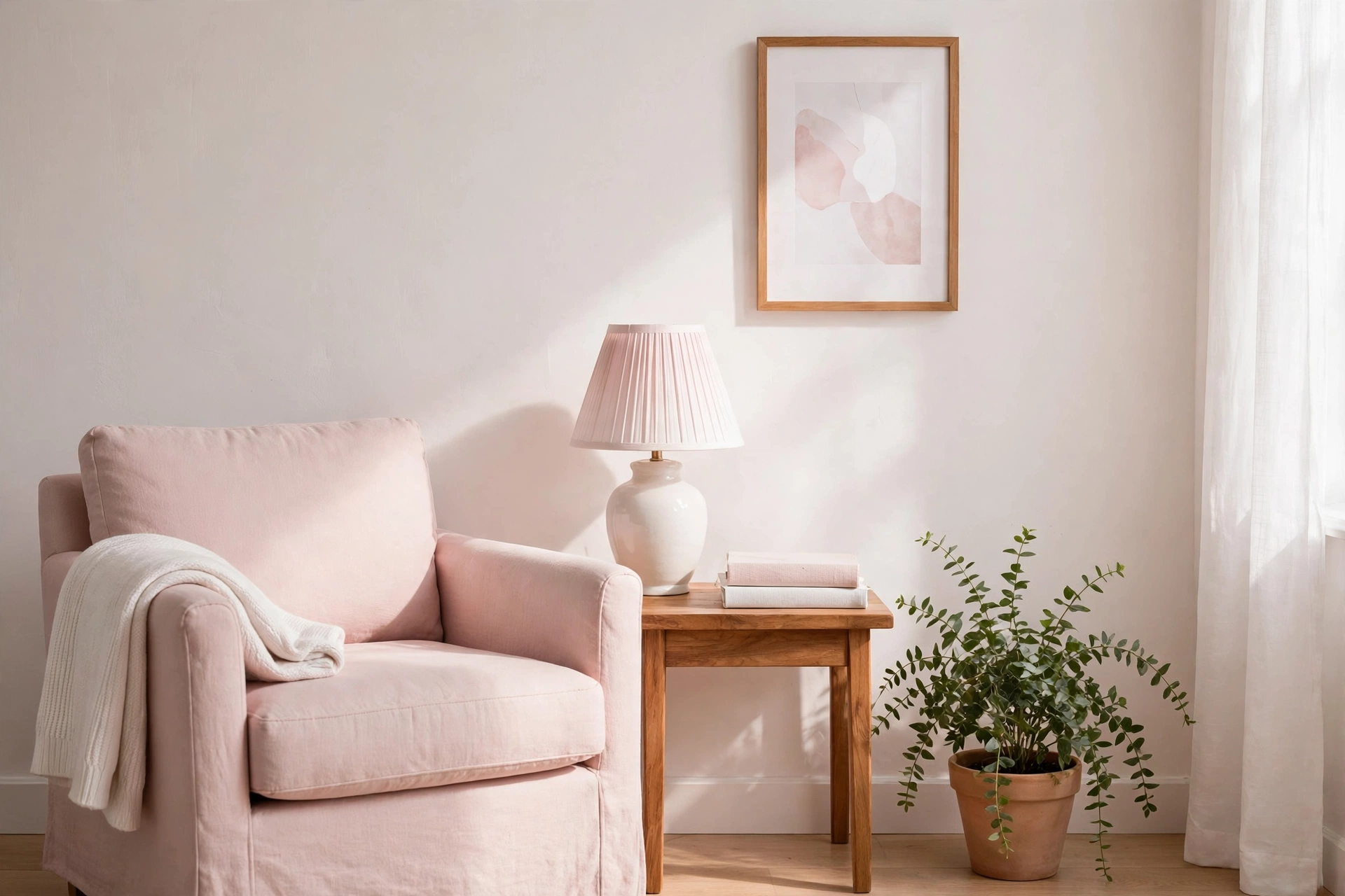 A calm corner of a small living room with one comfortable armchair, a small wooden side table with a lamp and books, and a potted plant