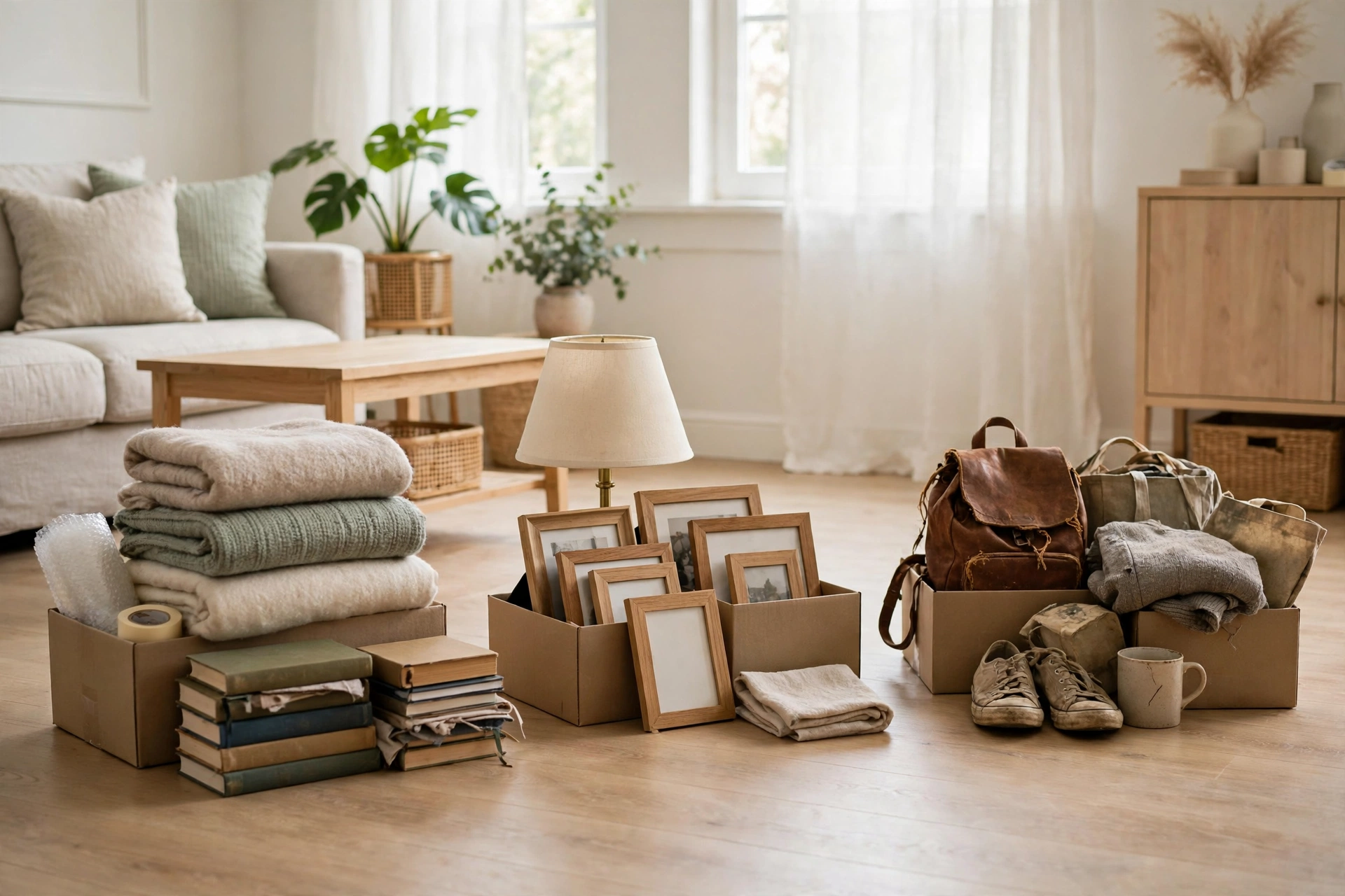 Three neat piles of boxes and sorted belongings on a living room floor, one to keep, one to gift to family and one to let go