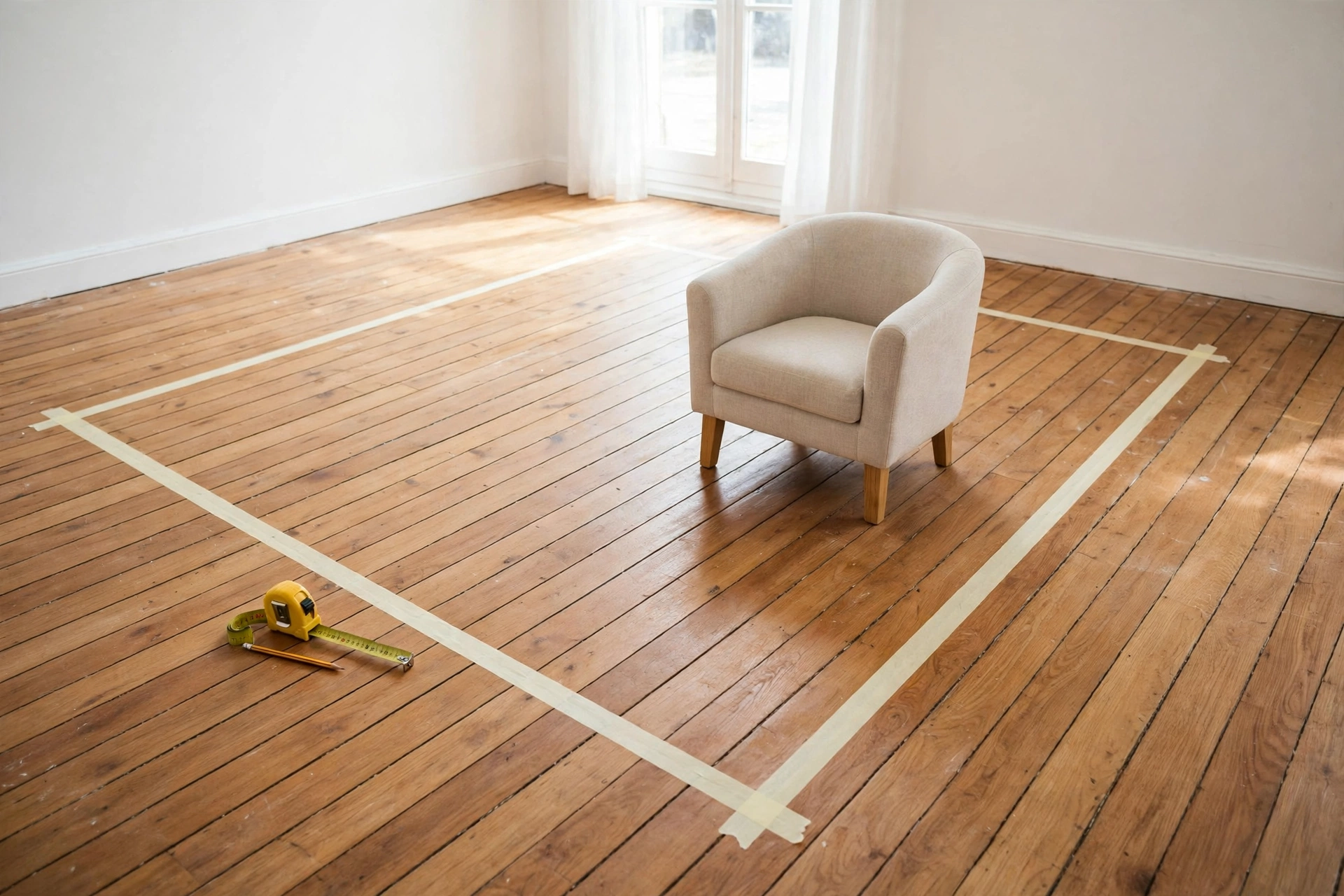 Painter's tape marking the outline of a smaller room on a wooden floor, with a tape measure beside it and an armchair standing inside the lines
