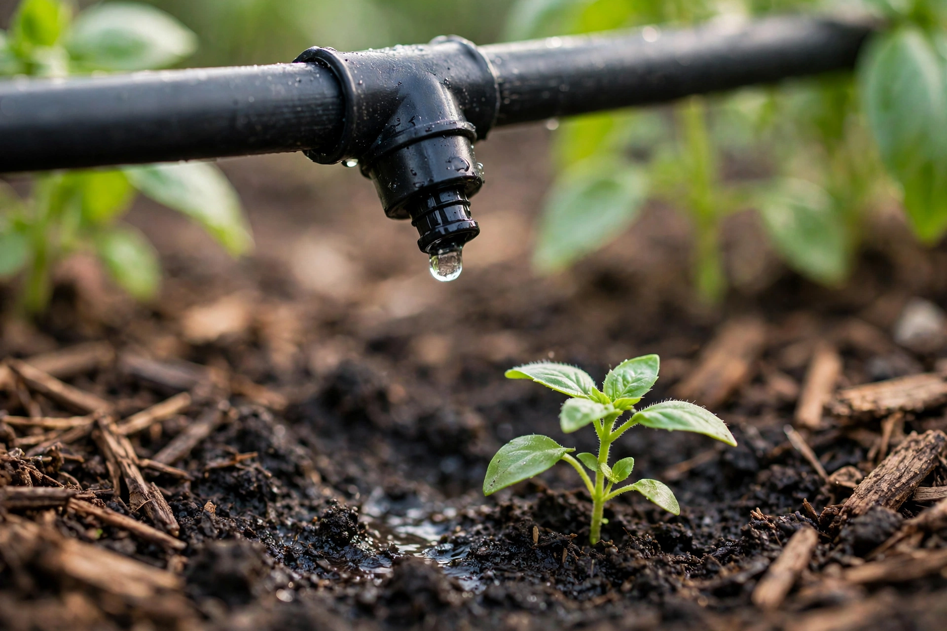 Close-up of a droplet of water falling from a drip emitter onto dark soil at the base of a small green plant