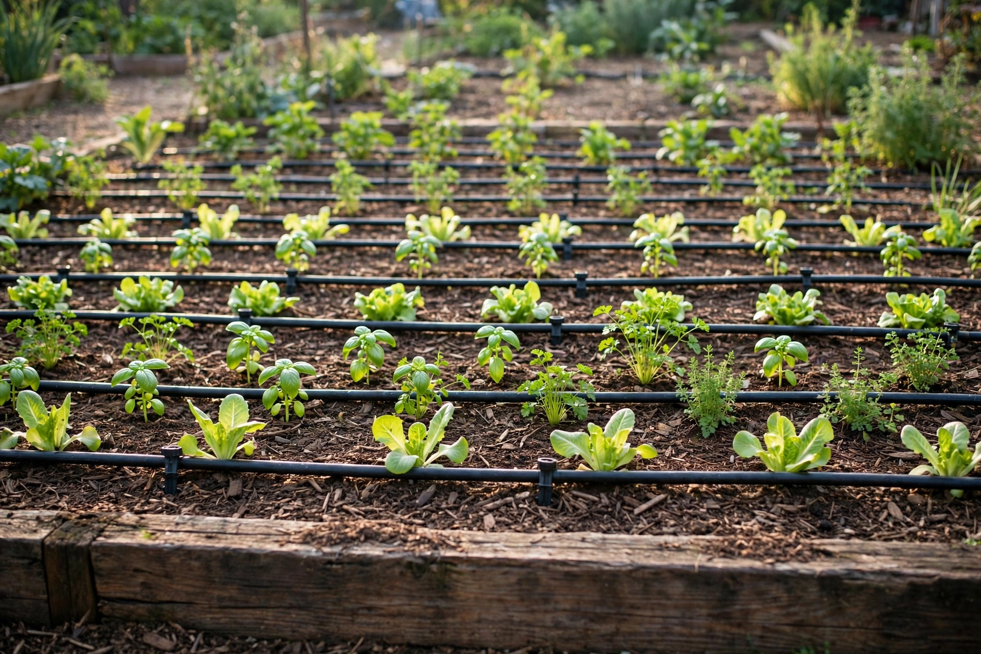 Black drip irrigation lines running in neat rows across a mulched garden bed between young green plants