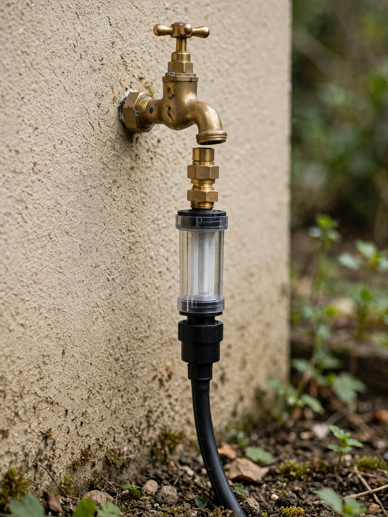 Close view of an outdoor tap fitted with a backflow preventer, filter and pressure reducer, with a black main line tube connected below
