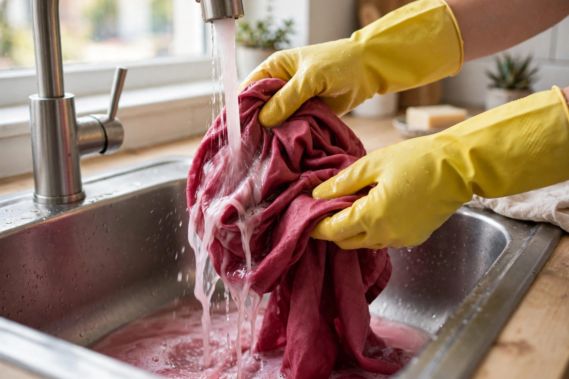 Hands rinsing freshly dyed rose-coloured fabric under a tap, the water running pale pink into the sink