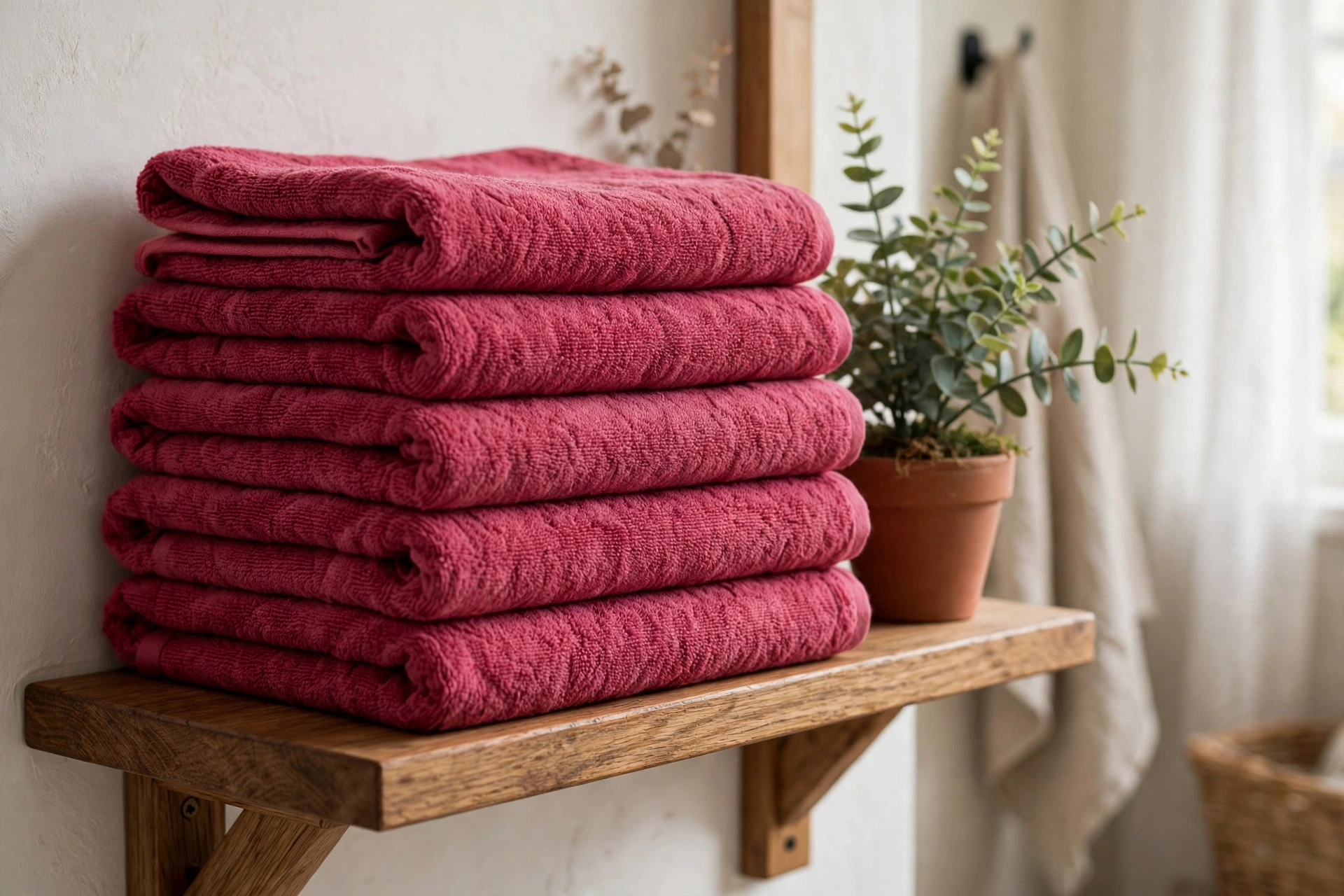 A neat stack of towels dyed a rich deep pink-red, folded on a wooden bathroom shelf beside a small plant