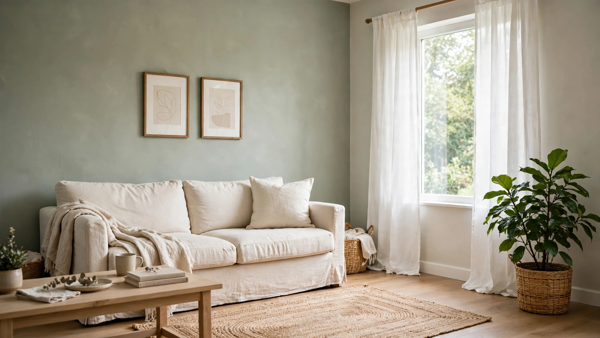 A calm living room with soft sage green walls, a cream linen sofa, light oak floor and a leafy houseplant by the window
