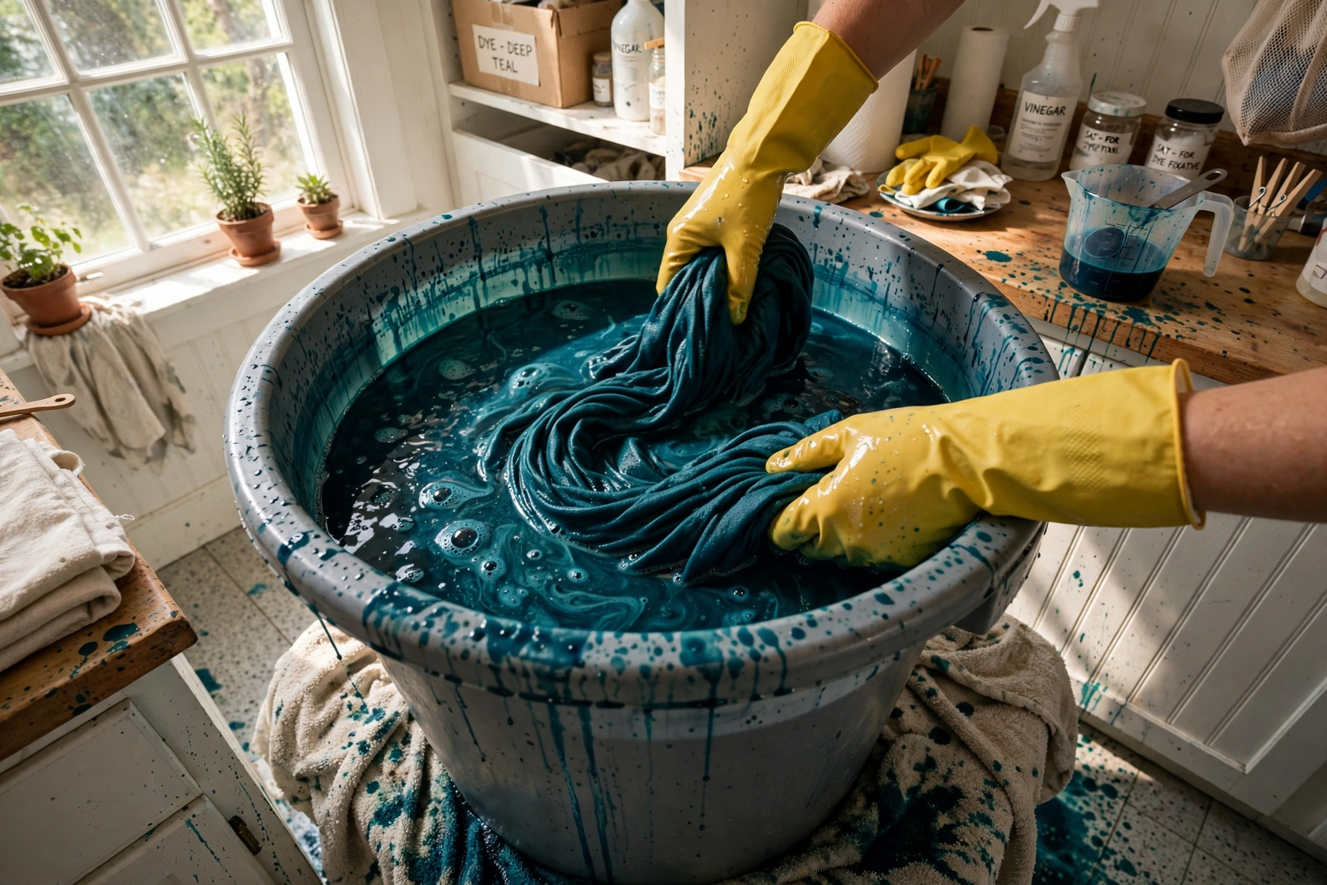 Gloved hands stirring cotton fabric in a bucket of deep teal dye, with an old towel spread underneath