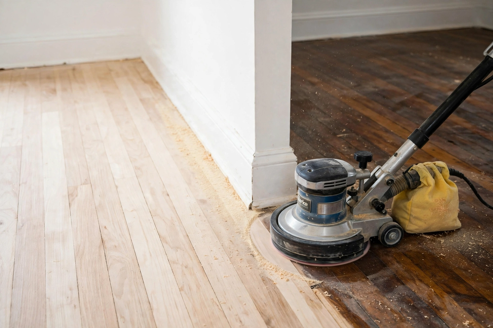 An edging sander working along the edge of a hardwood floor beside a white skirting board, pale sanded wood meeting the old dark finish