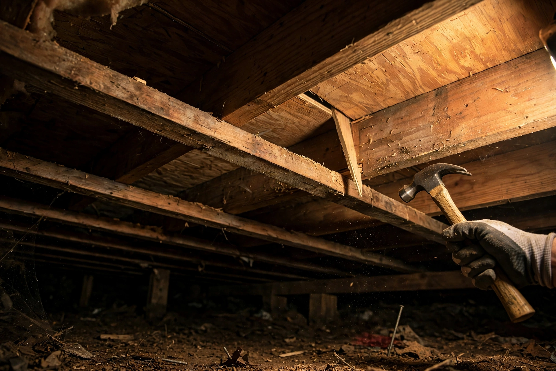 View from a crawl space looking up at floor joists, with a wooden shim being tapped into the gap between a joist and the subfloor above
