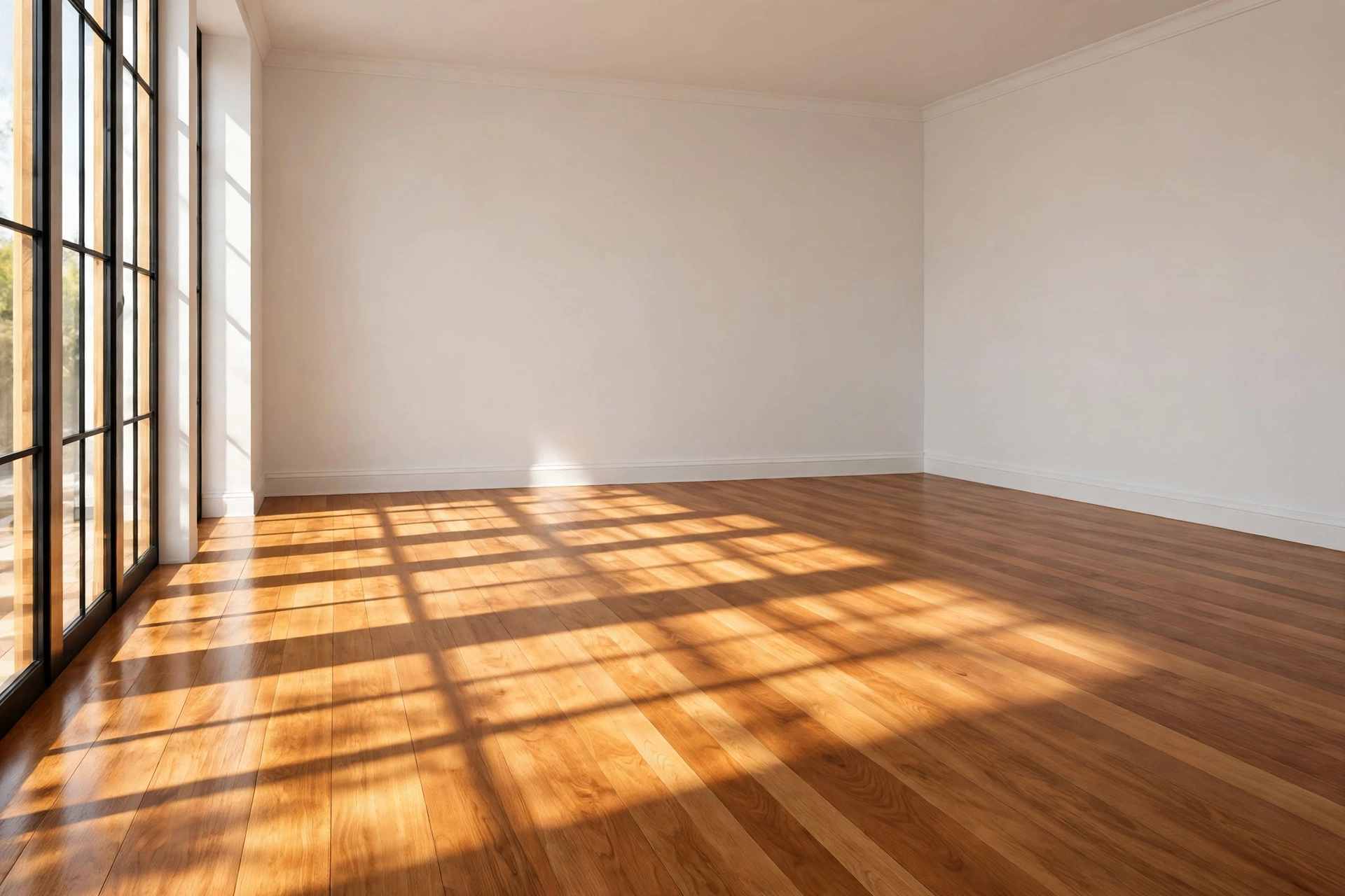 A freshly refinished warm hardwood floor with a soft satin sheen in an empty bright room, sunlight falling across the boards