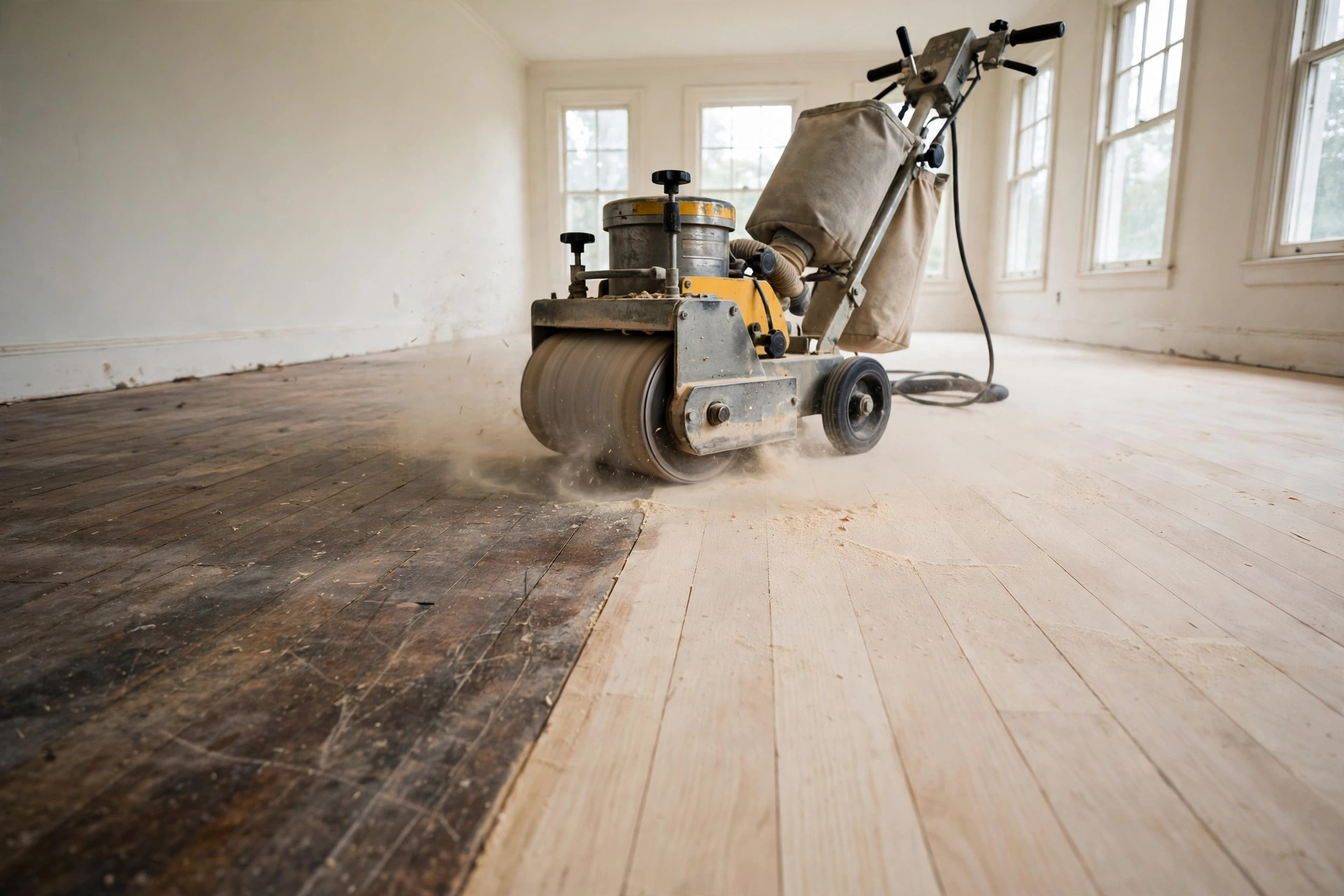 A drum floor sander working along hardwood boards, half the room sanded back to pale bare wood and half still dark and worn