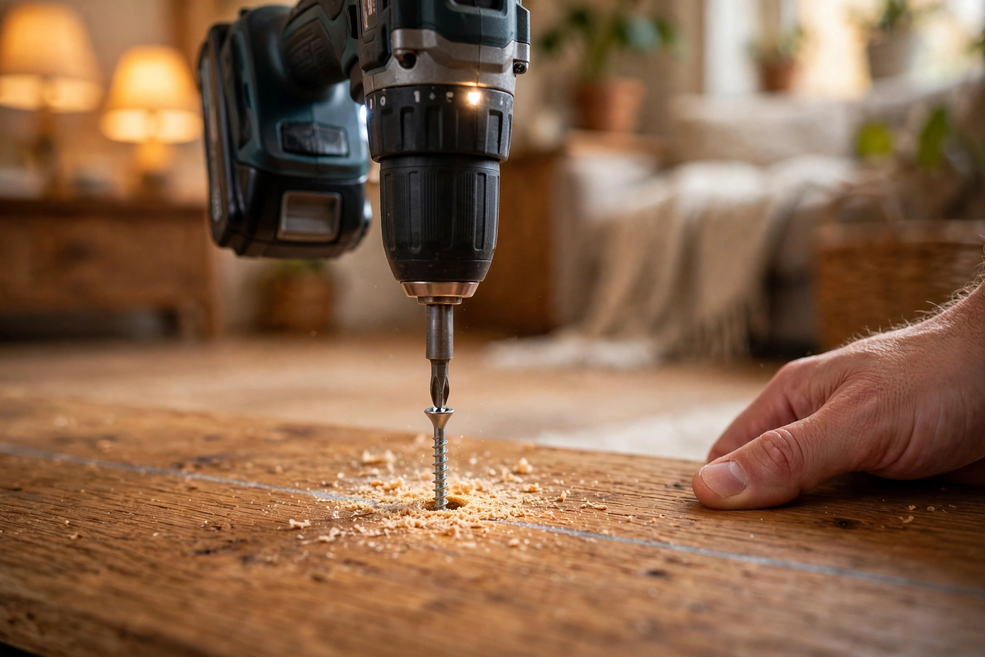 Close-up of a cordless drill driving a screw into a wooden floorboard along a pencil line, with sawdust around the pilot hole
