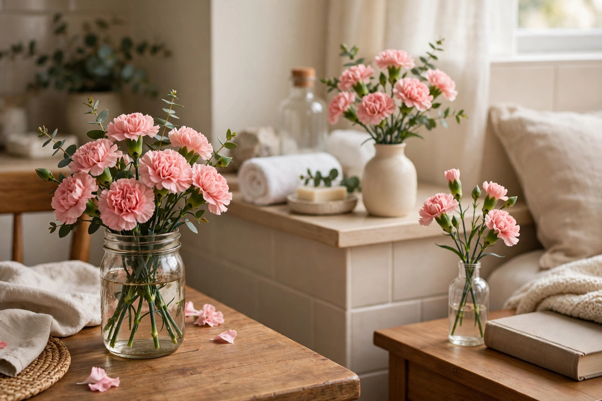 The same blush pink carnations arranged three ways: a glass jar on a wooden table, a small ceramic vase on a bathroom ledge, and a tiny bottle with three stems on a bedside table